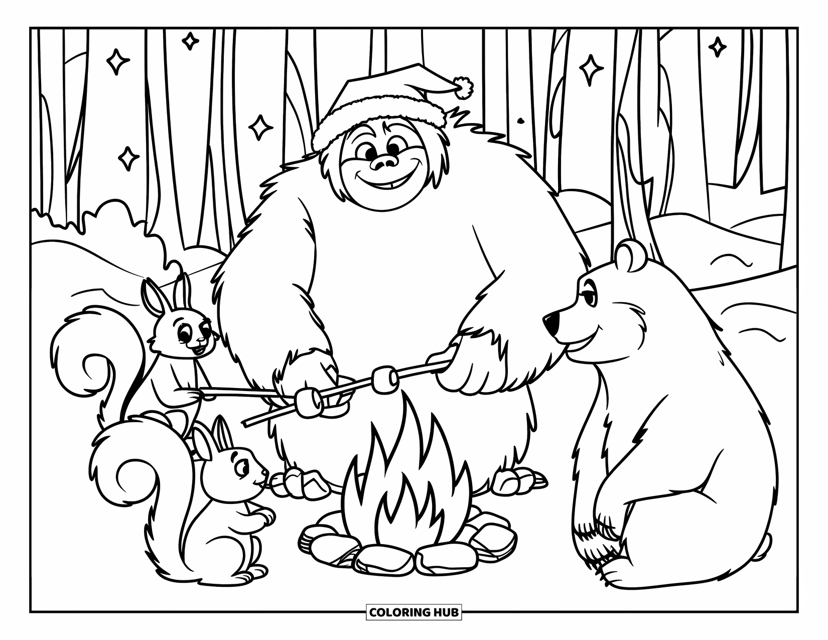 Yeti Coloring Page for Kids: A cheerful yeti roasts marshmallows with forest animals under a starry snowy sky