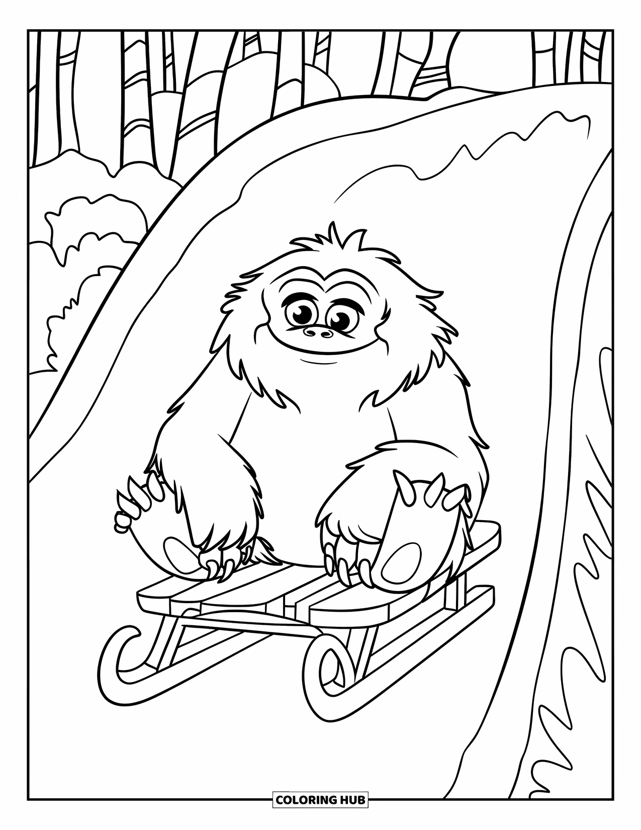 Yeti Coloring Page for Kids: A cheerful yeti with big eyes sits on a sled at the snowy hilltop