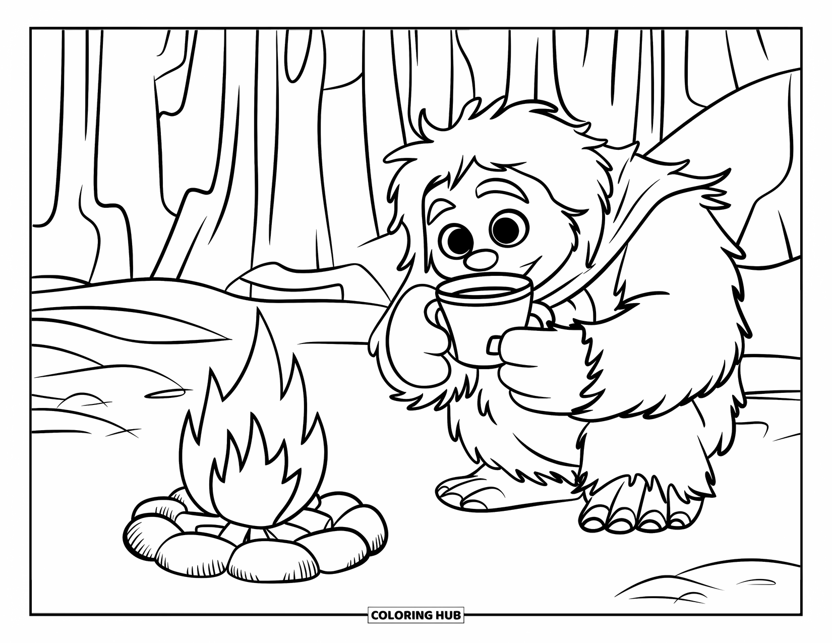 Yeti Coloring Page for Kids: A cozy yeti warms up with cocoa near a campfire and snowy trees