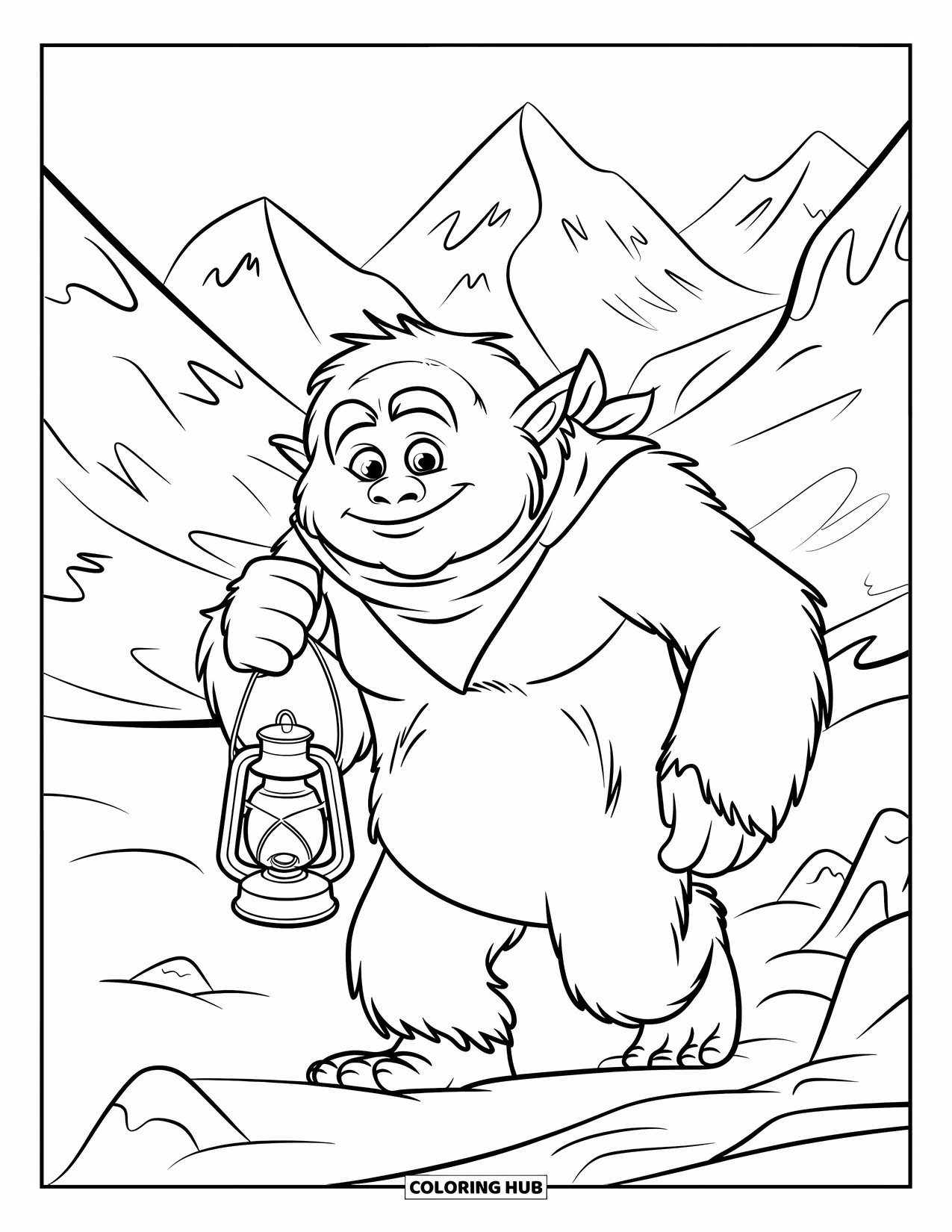 Yeti Coloring Page for Kids: A friendly yeti carries a lantern while hiking snowy mountains in a scarf