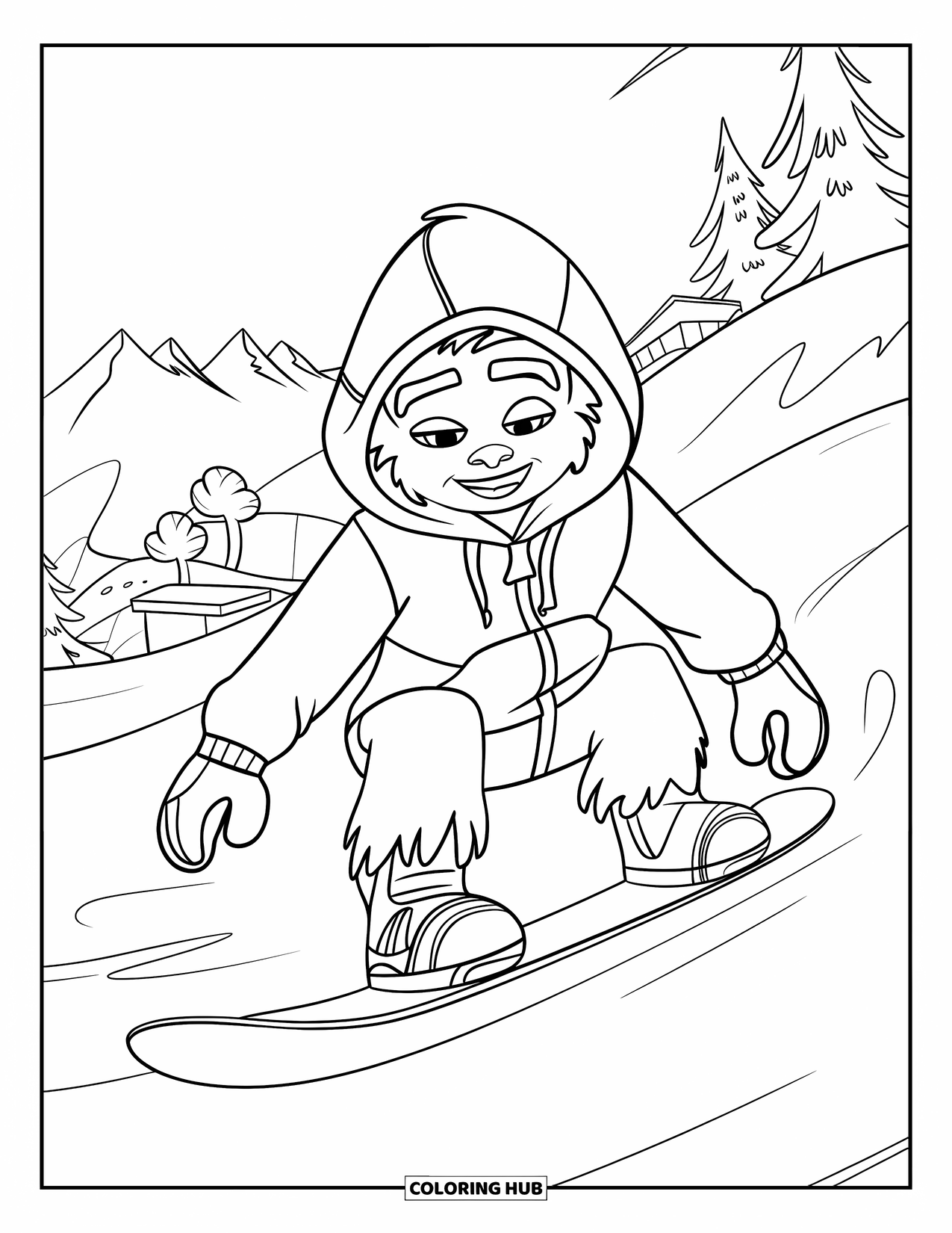 Yeti Coloring Page for Kids: A grinning teen yeti snowboards down a mountain with eyes closed in joy