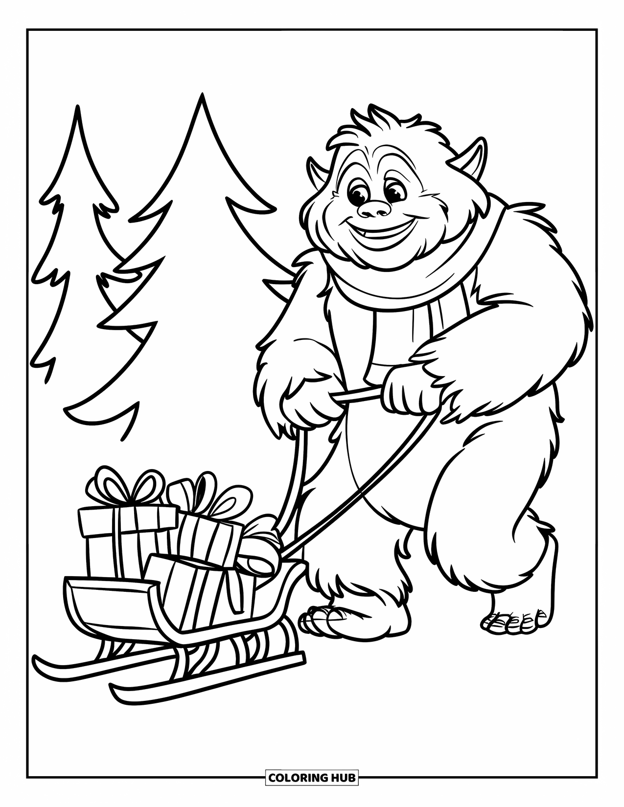 Yeti Coloring Page for Kids: A grinning yeti hauls presents on a sled with a bell through the snow