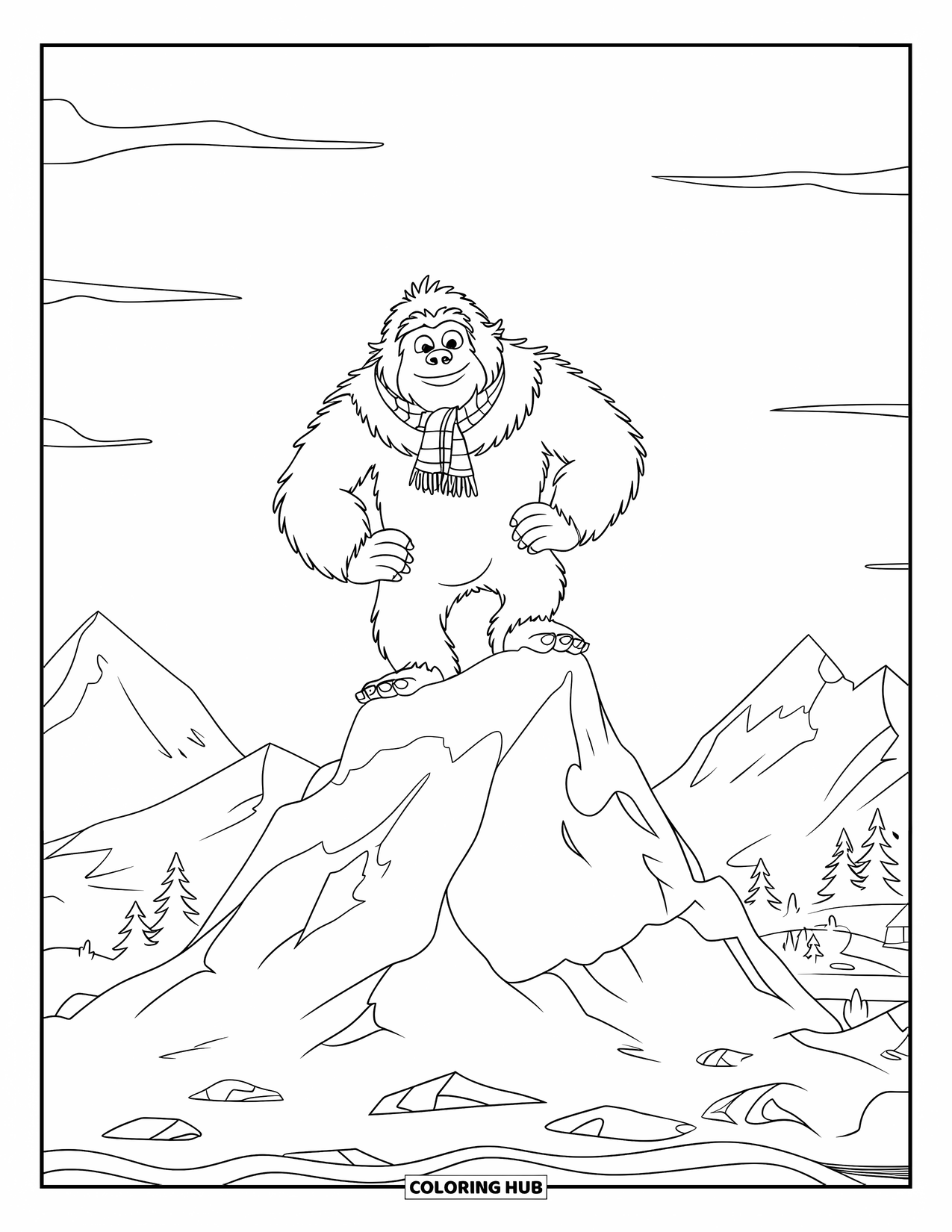 Yeti Coloring Page for Kids: A happy yeti with a warm scarf stands on a snowy mountain above the trees