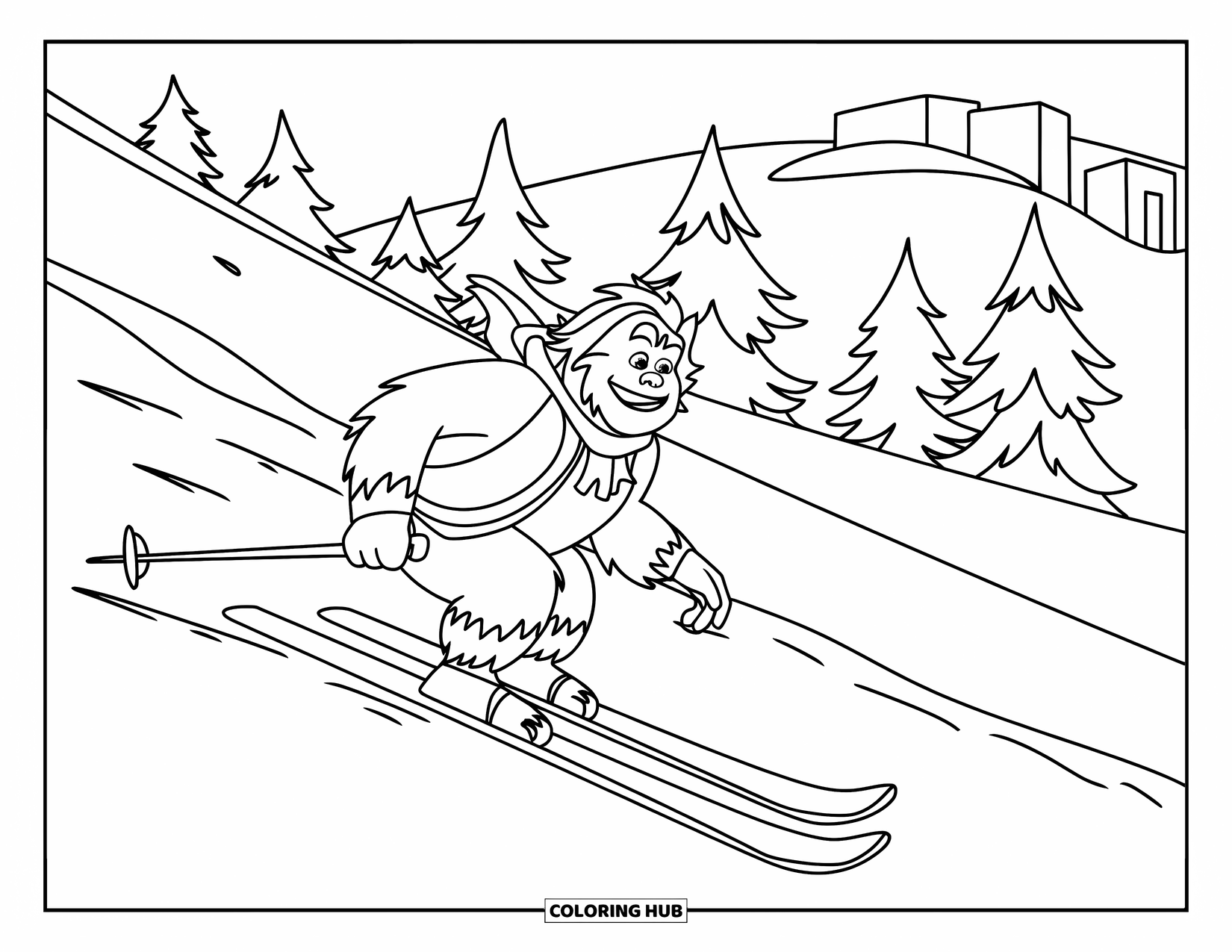 Yeti Coloring Page for Kids: A playful yeti skis down a snowy slope with mountains and trees behind