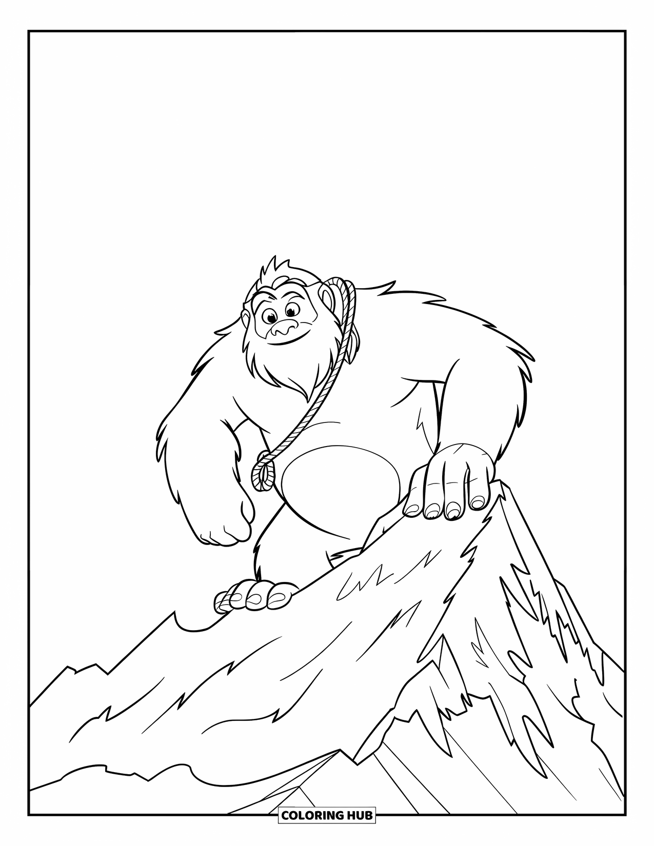 Yeti Coloring Page for Kids: A proud yeti with a beard stands strong at the top of a mountain