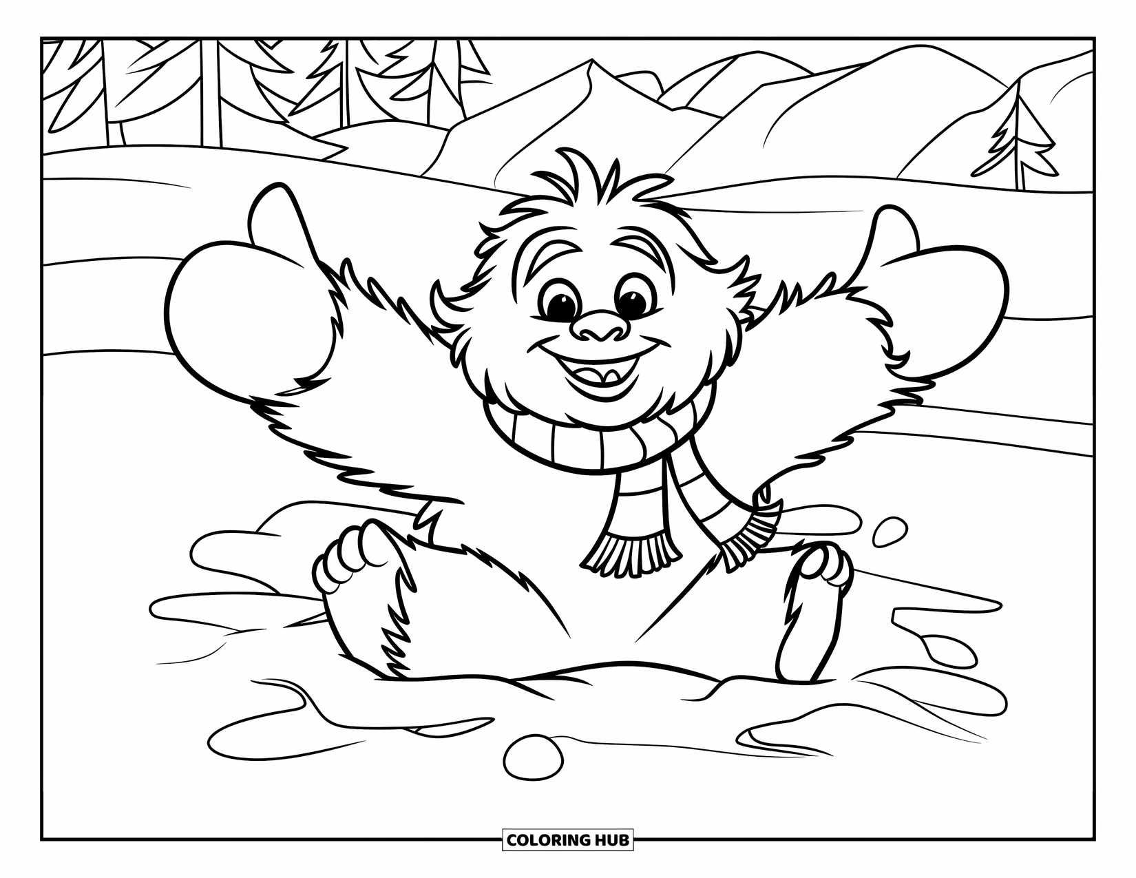 Yeti Coloring Page for Kids: A smiling yeti makes a snow angel near trees and snowy mountains