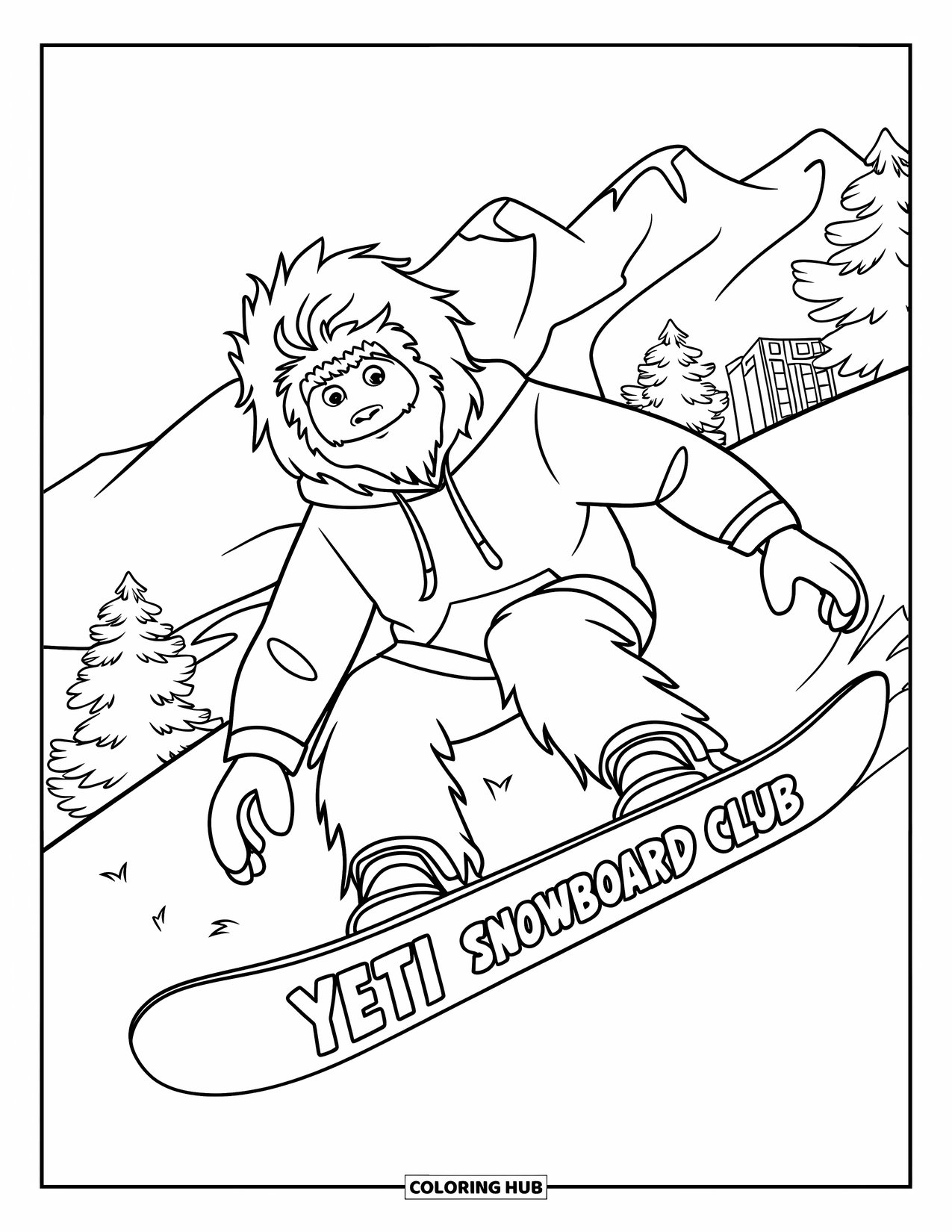 Yeti Coloring Page for Kids: A teen yeti in a hoodie snowboards downhill through snowy trees and buildings
