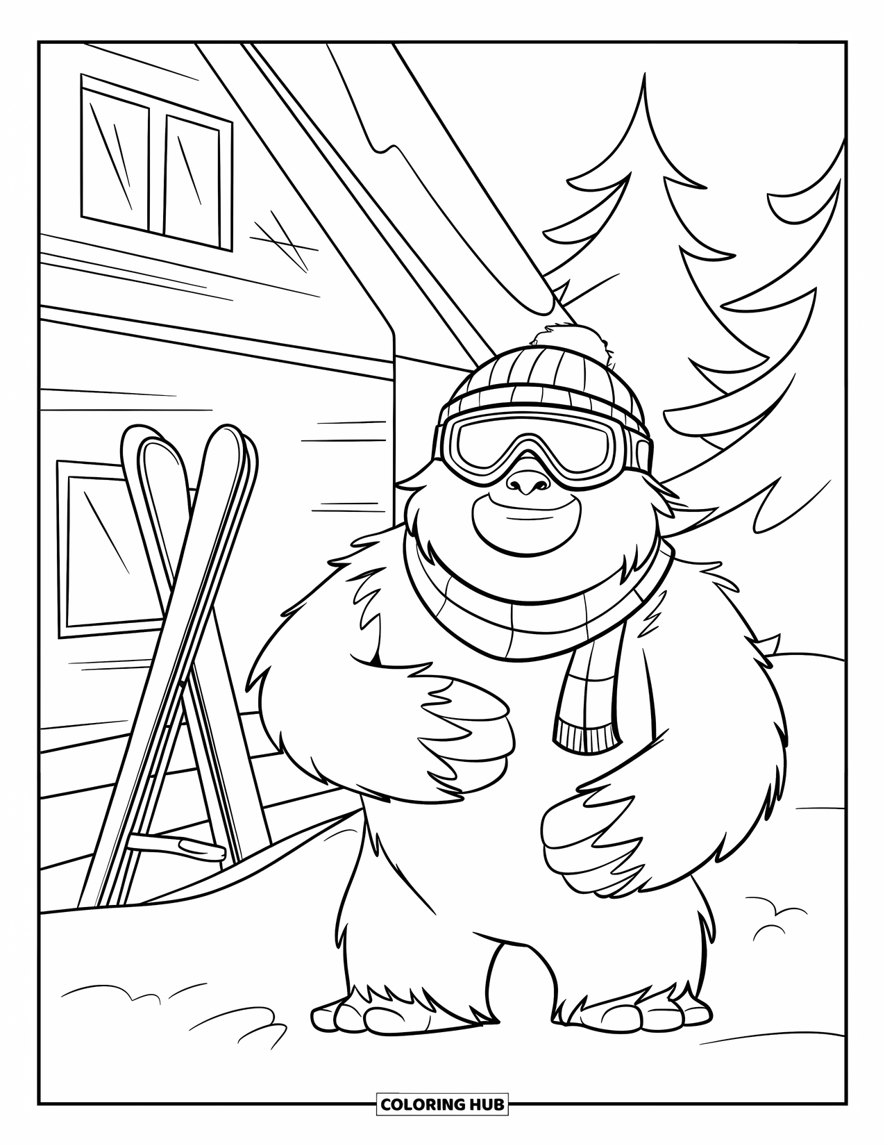 Yeti Coloring Page for Kids: A trendy yeti in goggles poses near a ski lodge and tall trees