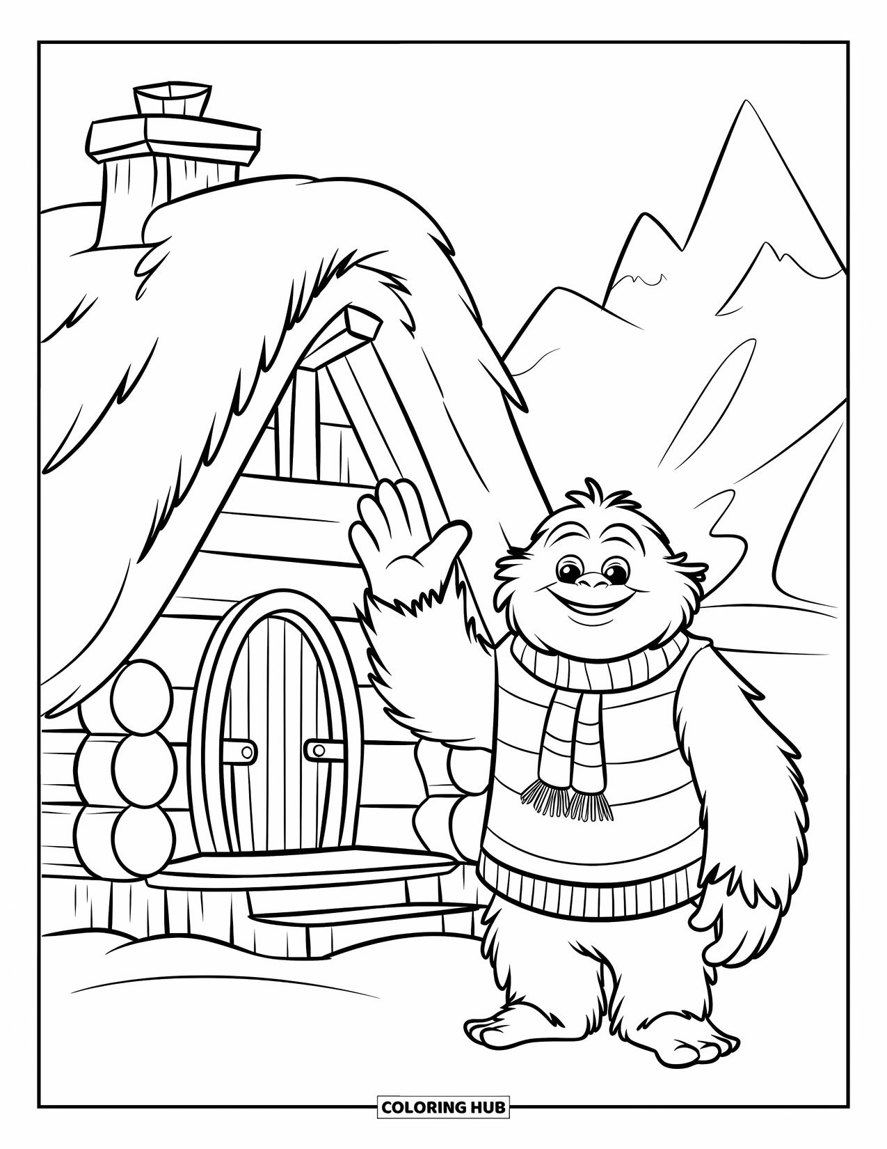 Yeti Coloring Page for Kids: A waving yeti in a striped sweater stands near a smoky-roof log cabin