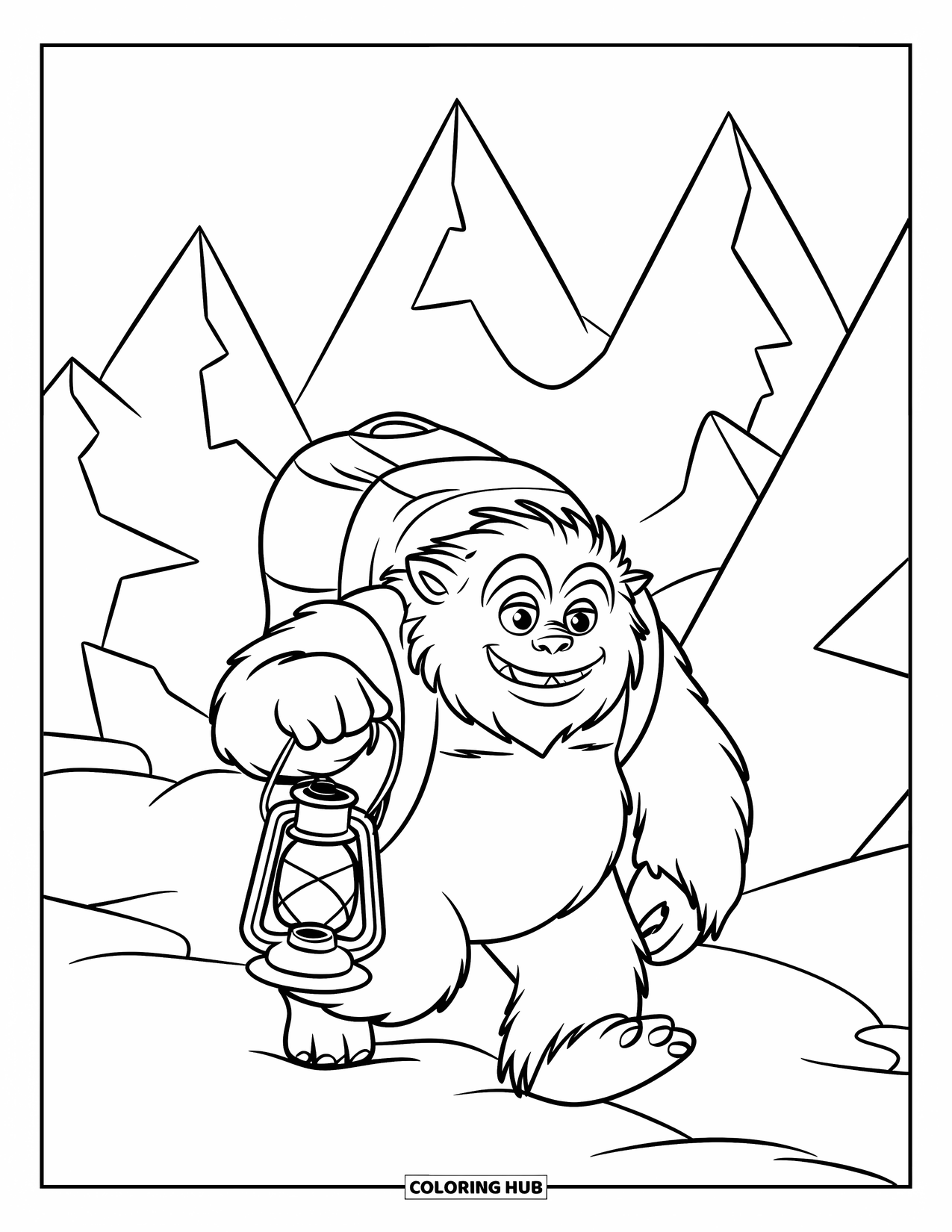 Yeti Coloring Page for Kids: A yeti hikes snowy mountains while carrying a glowing lantern