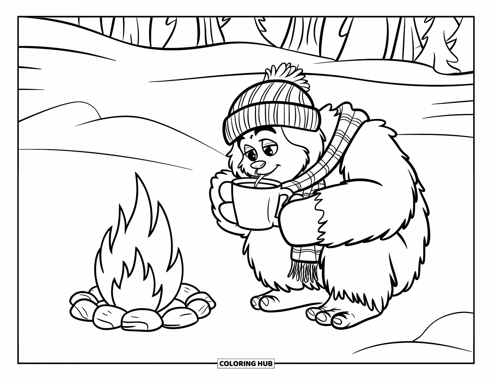 Yeti Coloring Page for Kids: A yeti in a scarf enjoys hot cocoa by a rocky campfire in the snow