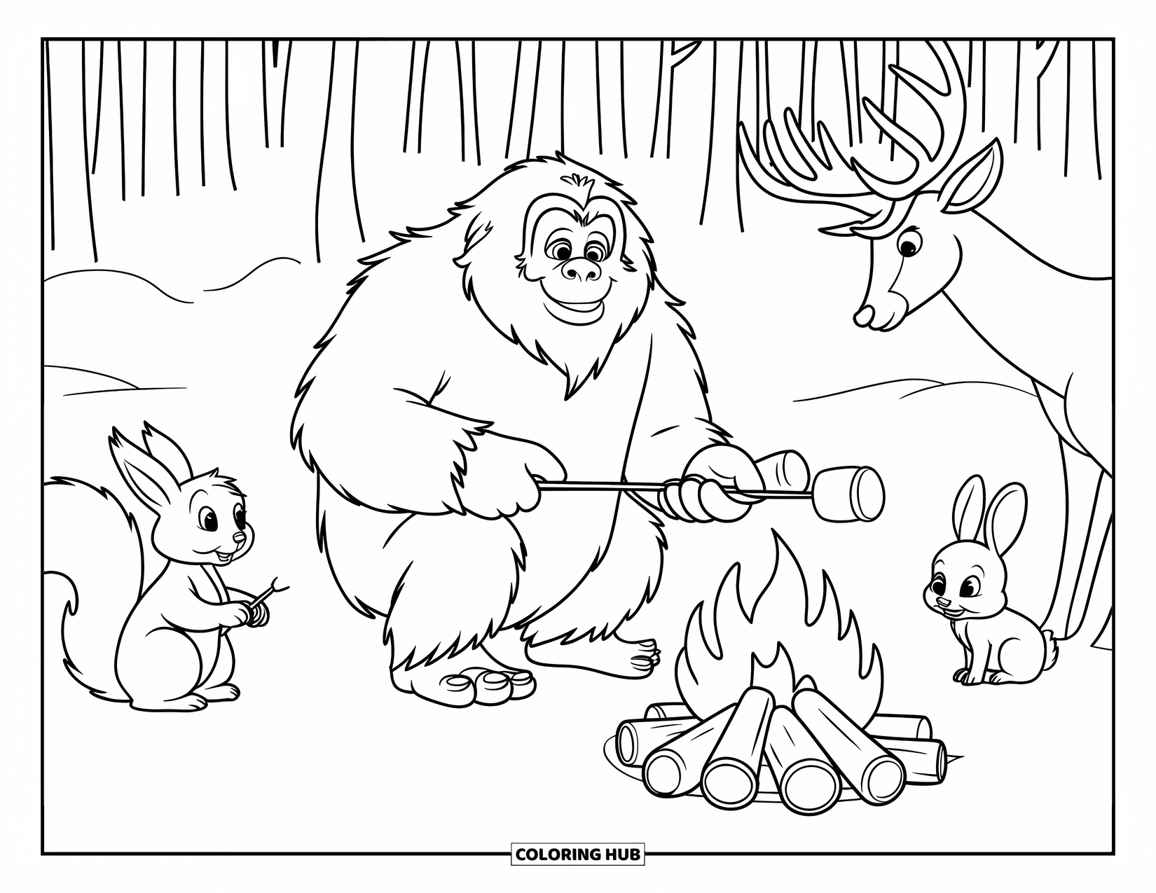 Yeti Coloring Page for Kids: A yeti toasts marshmallows with forest animals around a cozy campfire in the snow