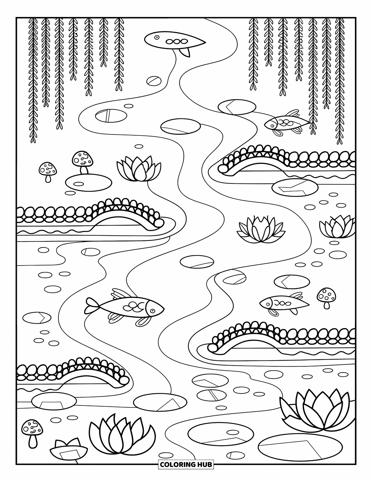Zen Coloring Page for Adults: A koi pond with lotus blooms, rippling water, and willow branches