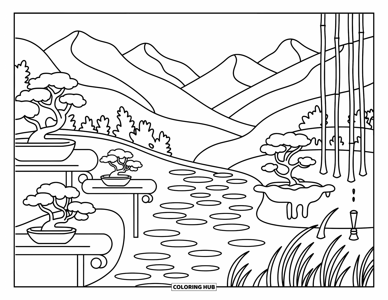 Zen Coloring Page for Adults: A mountain retreat with bonsai trees, bamboo fountains, and winding stone paths