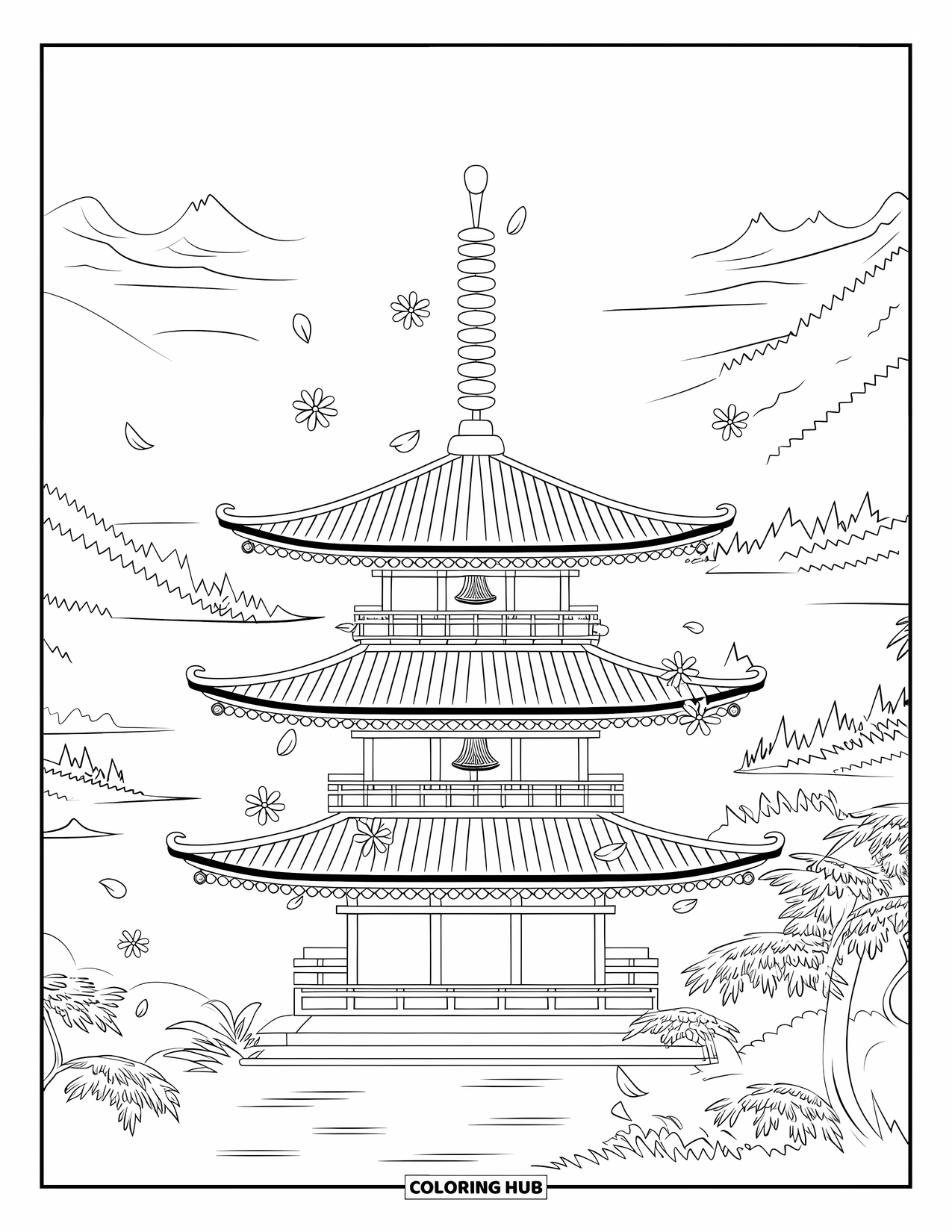 Zen Coloring Page for Adults: A pagoda stands tall with flower petals drifting around it