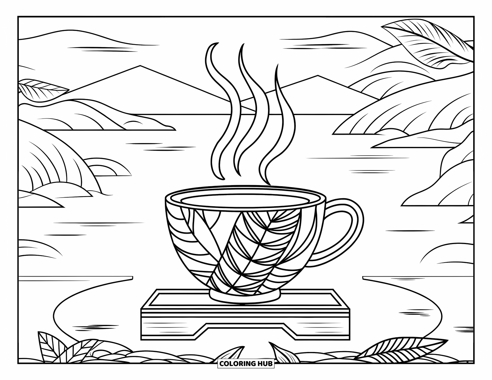 Zen Coloring Page for Adults: A steaming teacup with leaves rests peacefully by a mountain view