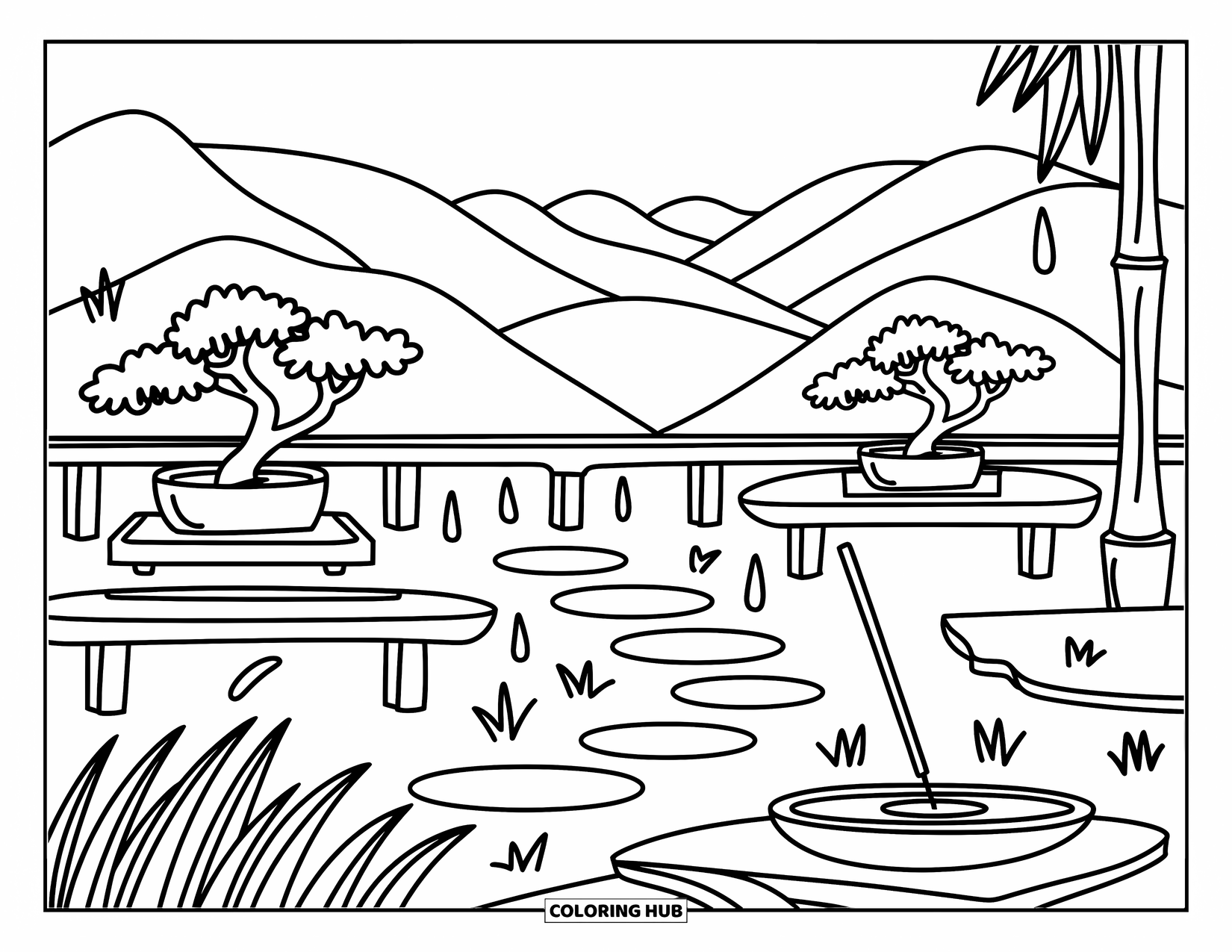 Zen Coloring Page for Adults: Bonsai trees and bamboo fountains rest in a calm mountain retreat