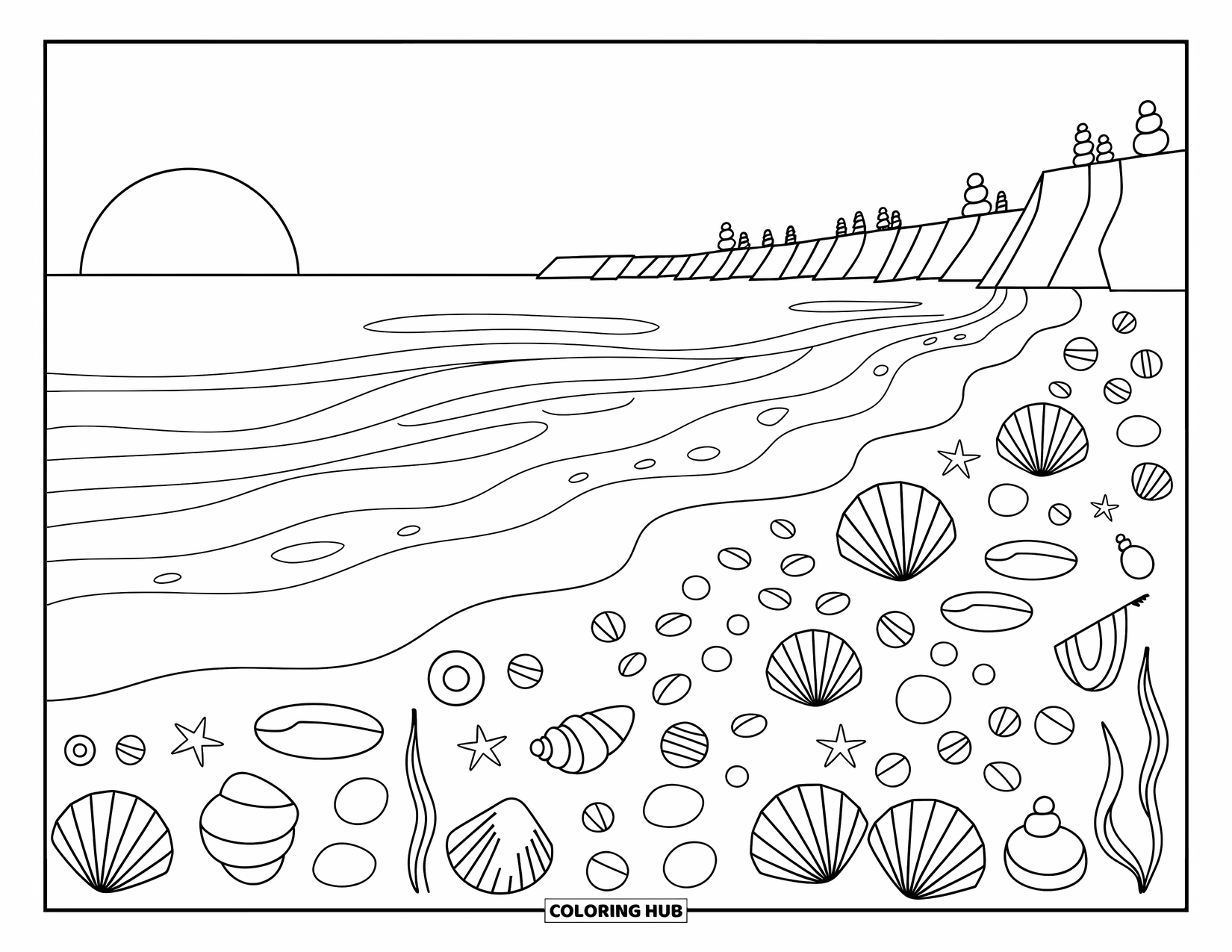 Zen Coloring Page for Adults: Gentle waves touch a sandy cove filled with shells, seaweed, and stacked stones