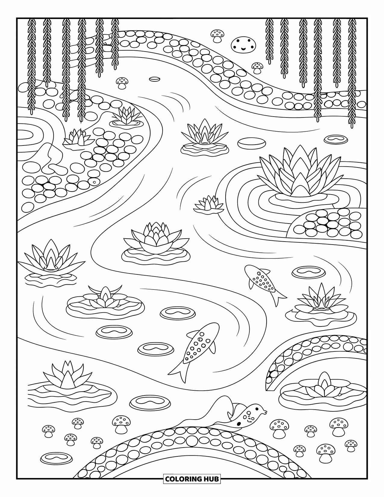 Zen Coloring Page for Adults: Koi fish swim among lily pads, tiny mushrooms, and curved bridges