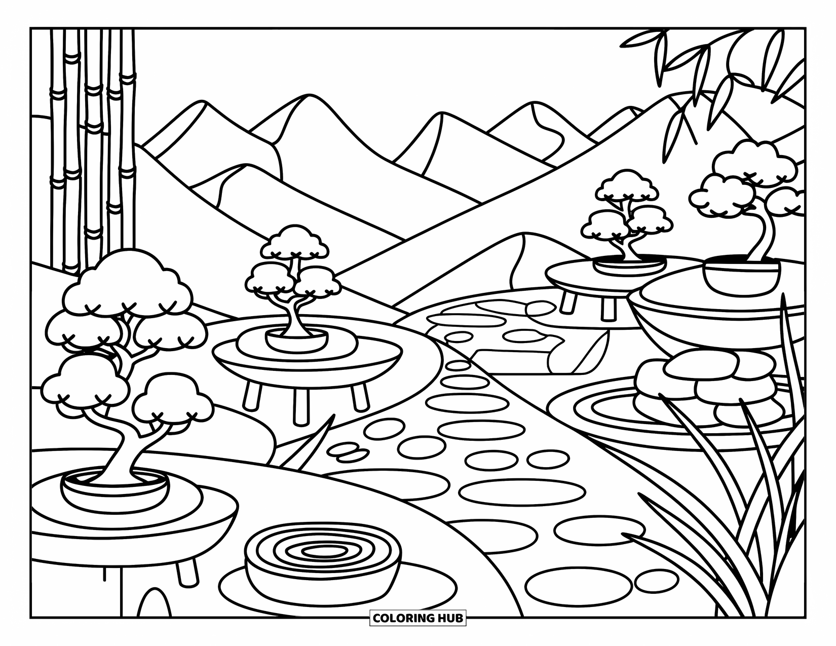 Zen Coloring Page for Adults: Mountain view with bonsai, trickling fountains, and cozy paths through grasses