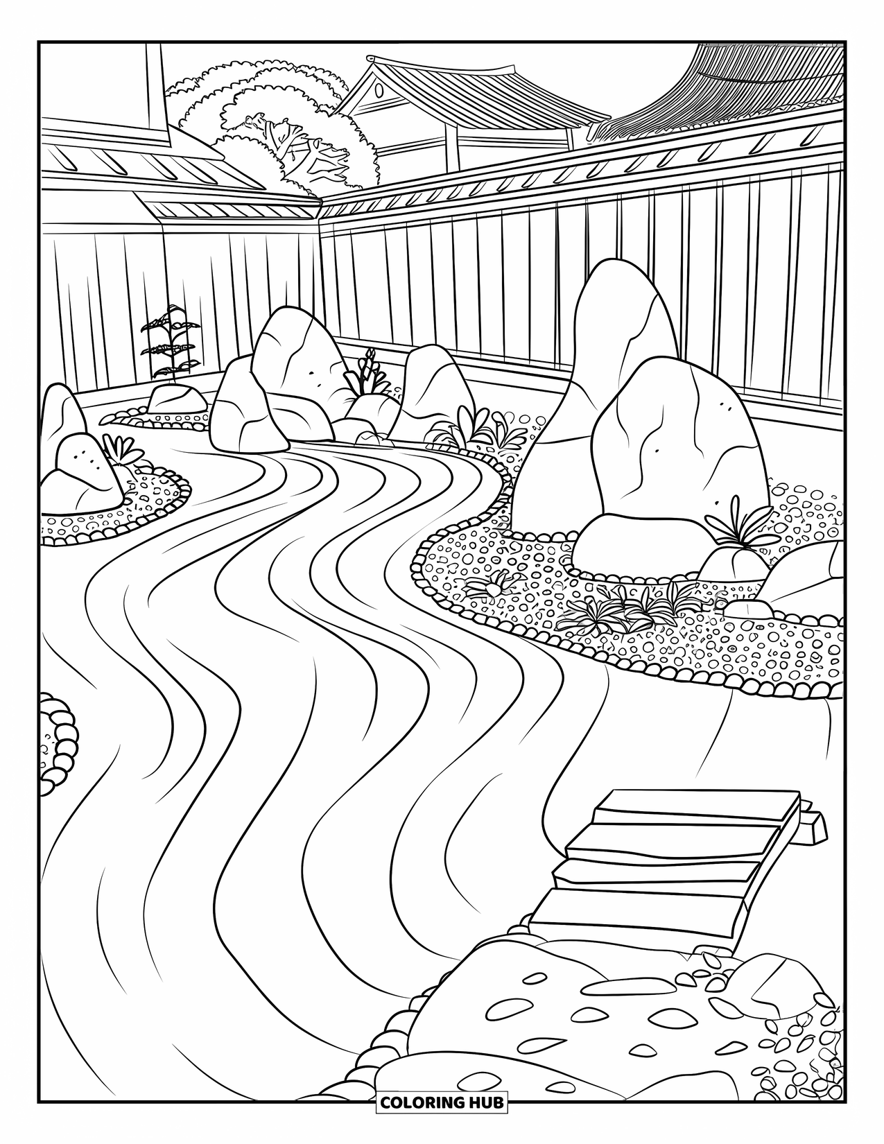 Zen Coloring Page for Adults: Raked sand, pebbles, and a small bridge fill a cozy garden