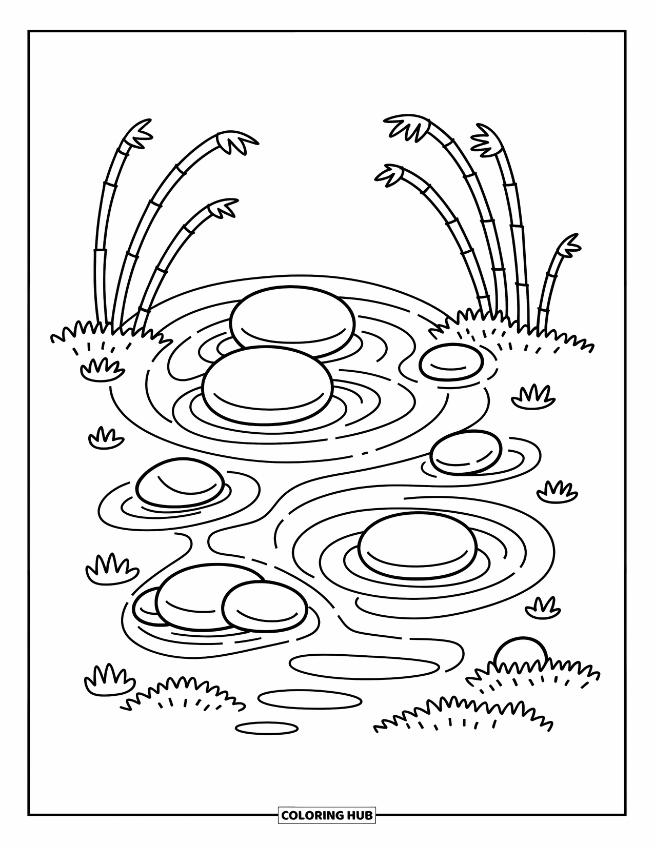Zen Coloring Page for Adults: Raked sand swirls around stones and moss in a zen rock garden