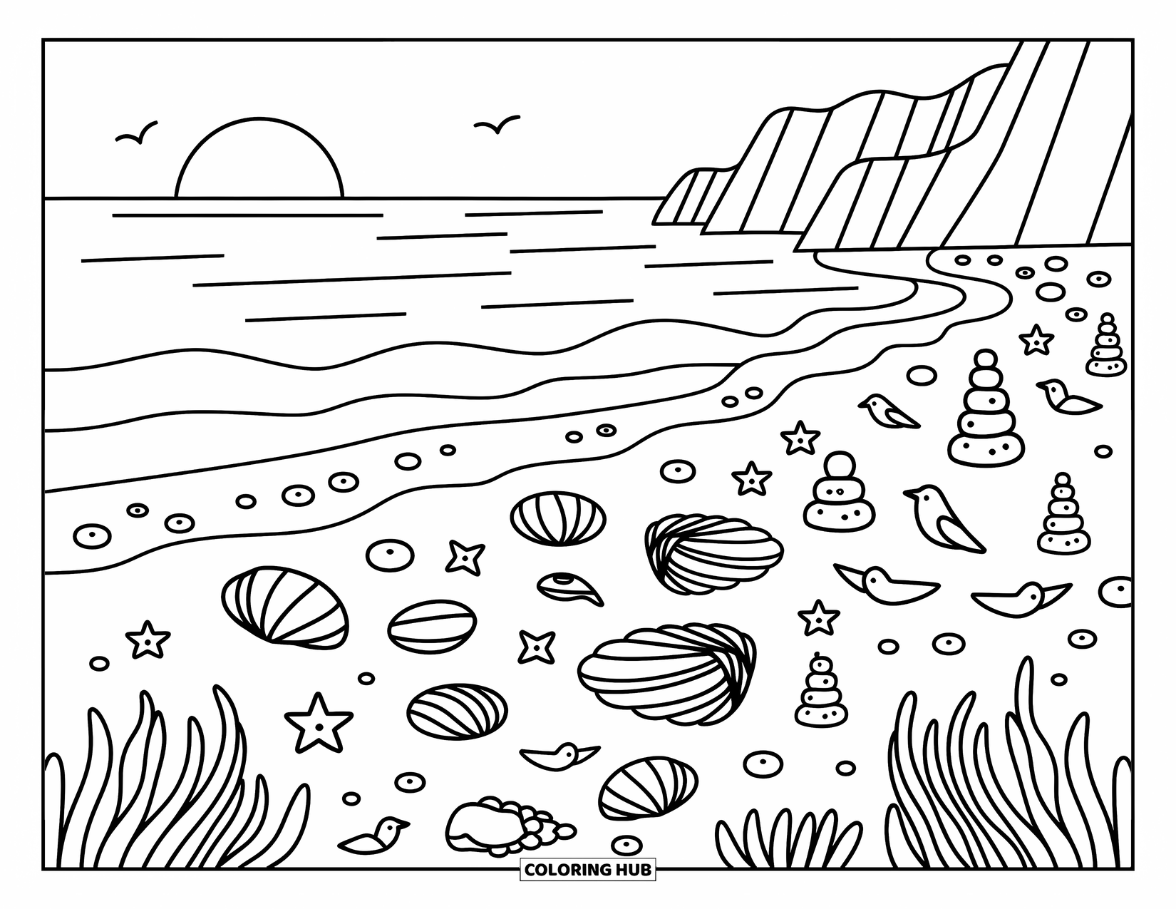 Zen Coloring Page for Adults: Soft waves lap a shell-filled shore with cliffs, driftwood, and tiny sea creatures