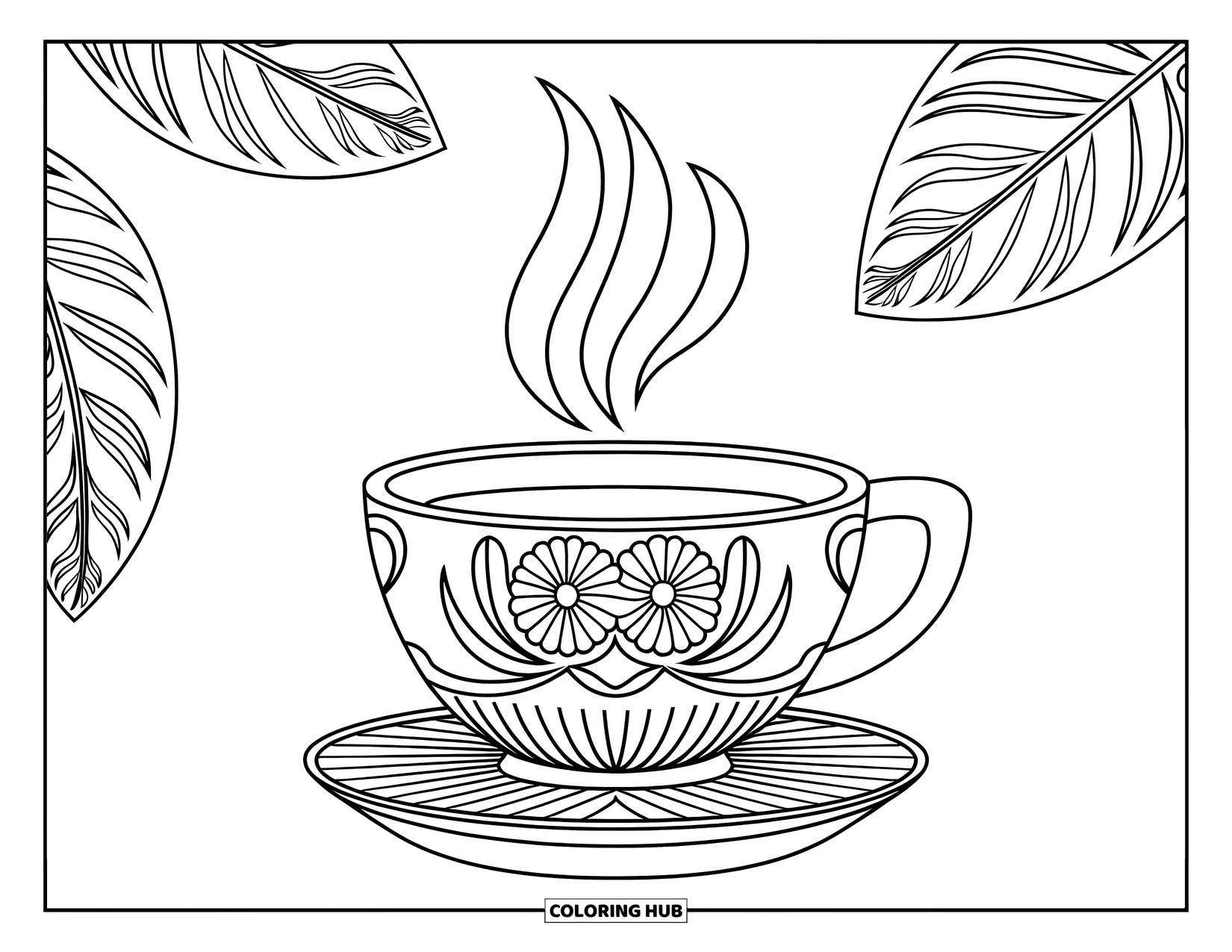 Zen Coloring Page for Adults: Steaming teacup with floral designs and leaf patterns all around