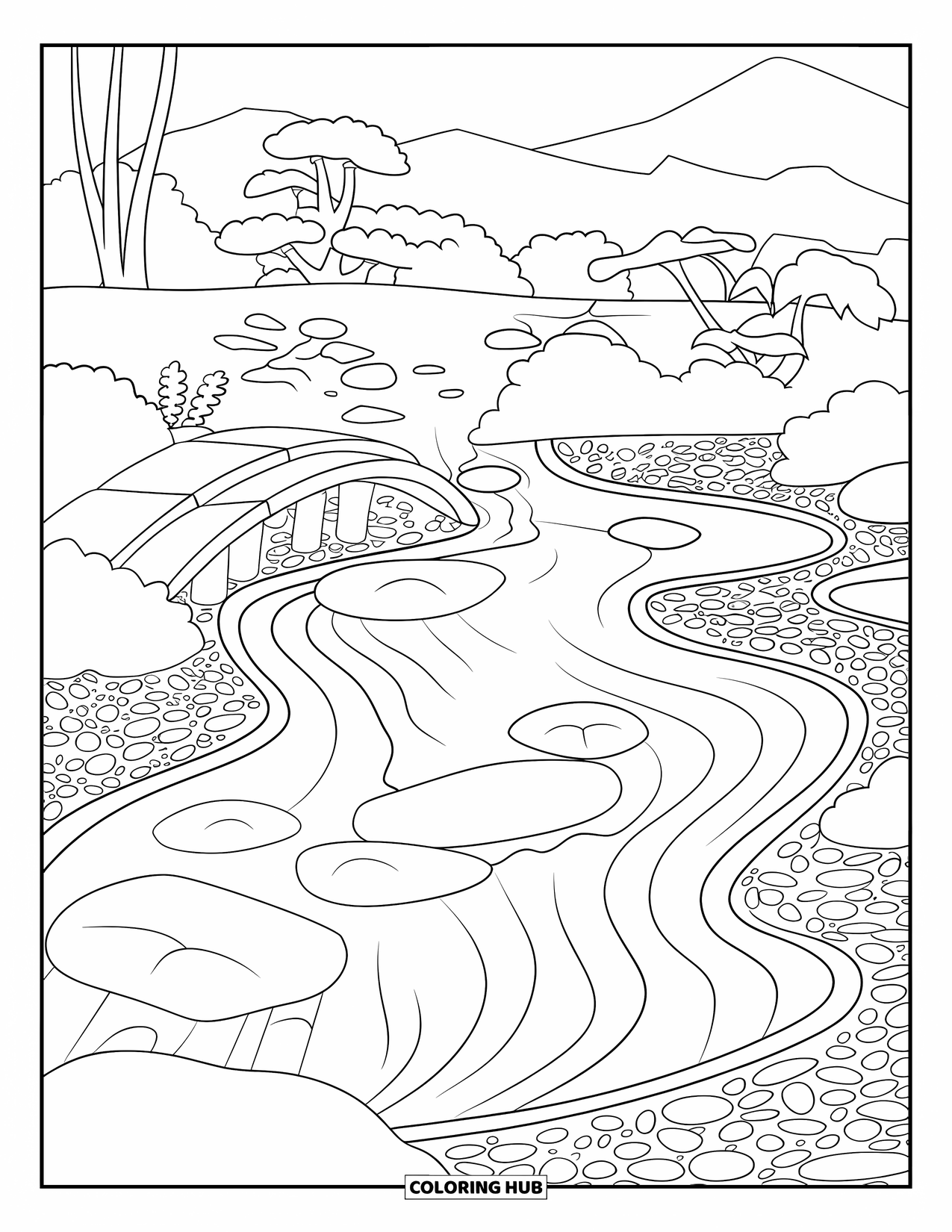 Zen Coloring Page for Adults: Stone path and bridge rest in a zen garden with raked sand