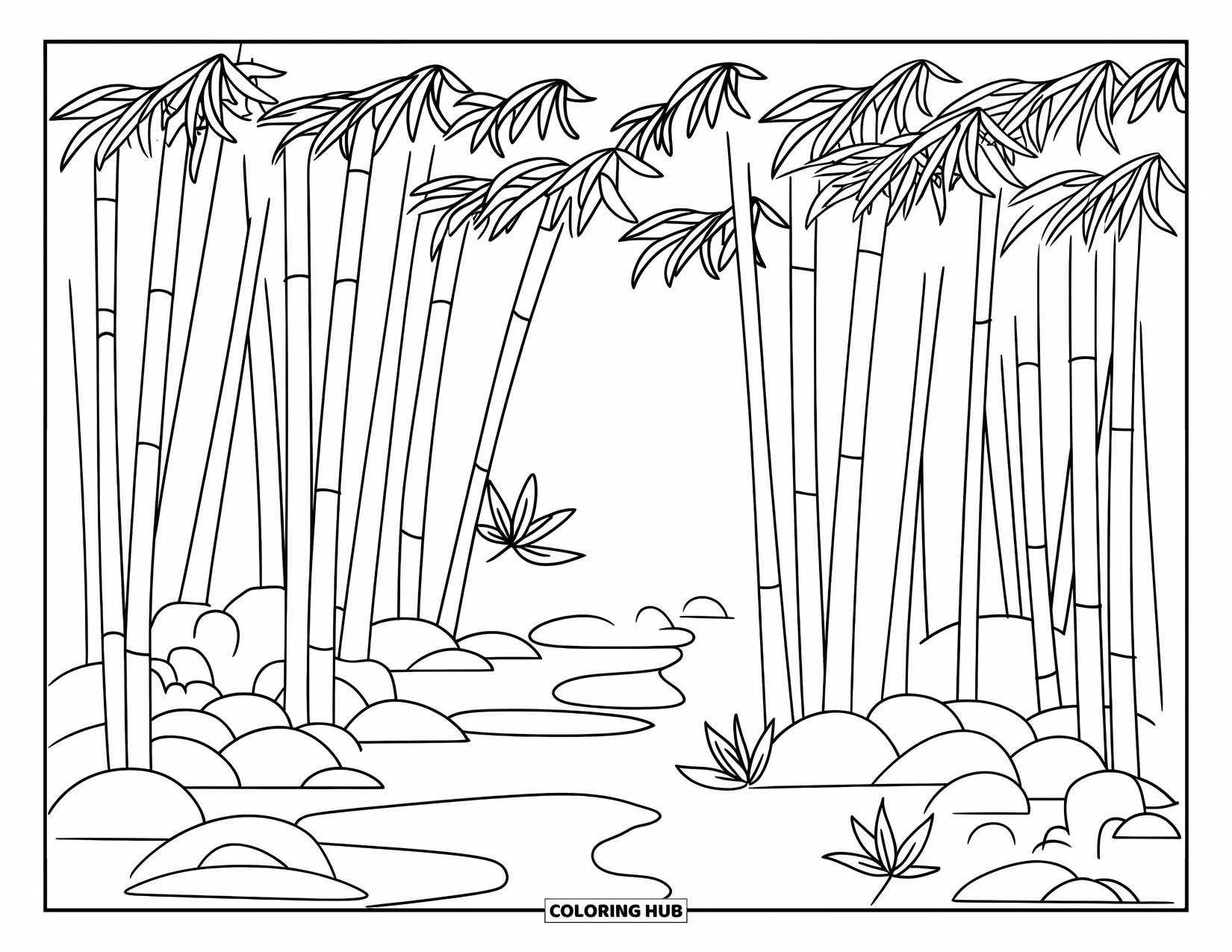 Zen Coloring Page for Kids: A bamboo path with fallen leaves, rocks, and tall stalks