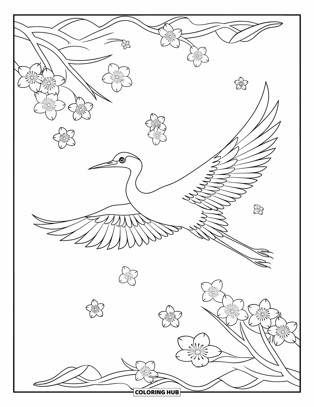 Zen Coloring Page for Kids: A crane flies among drifting blossoms in a peaceful scene