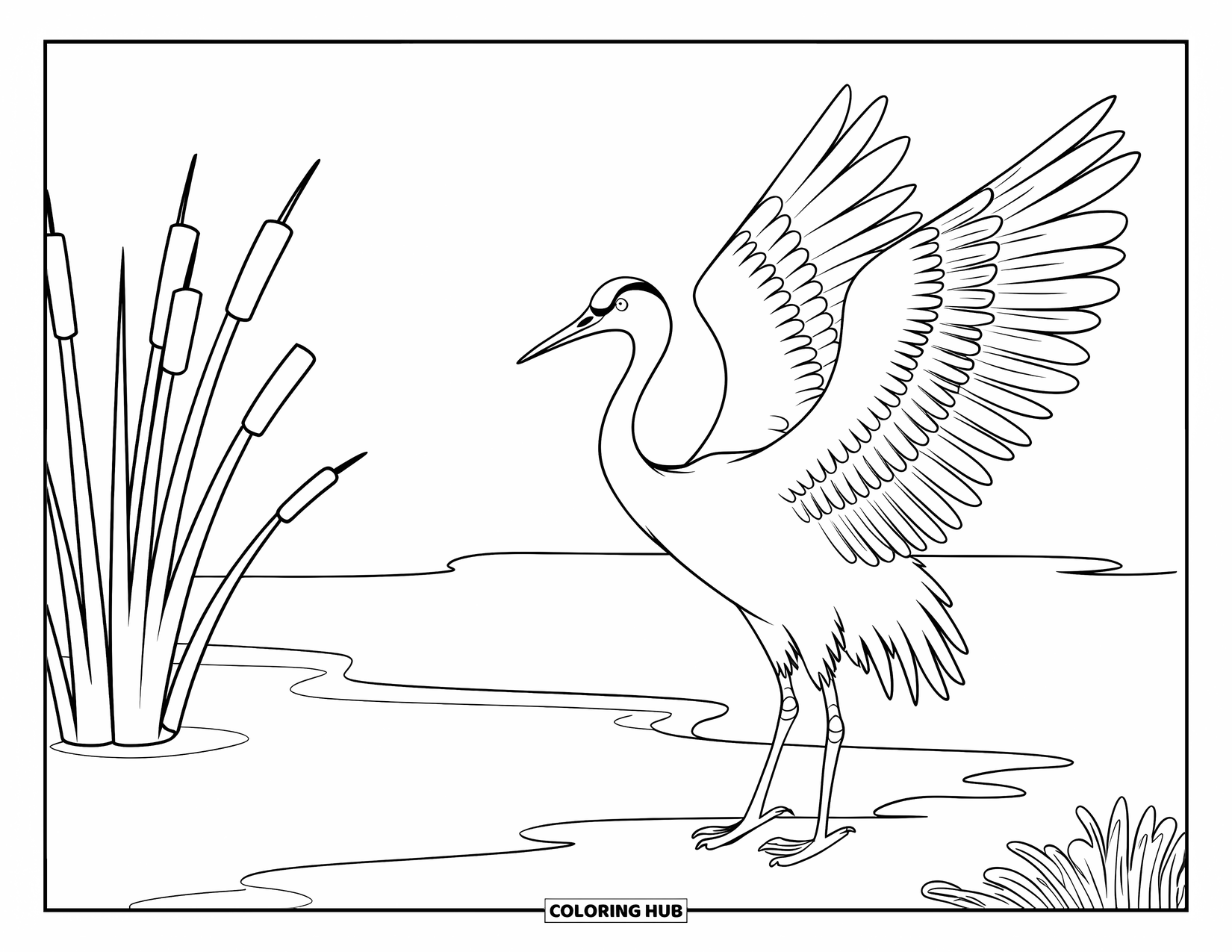 Zen Coloring Page for Kids: A crane stands by a pond with wide open wings