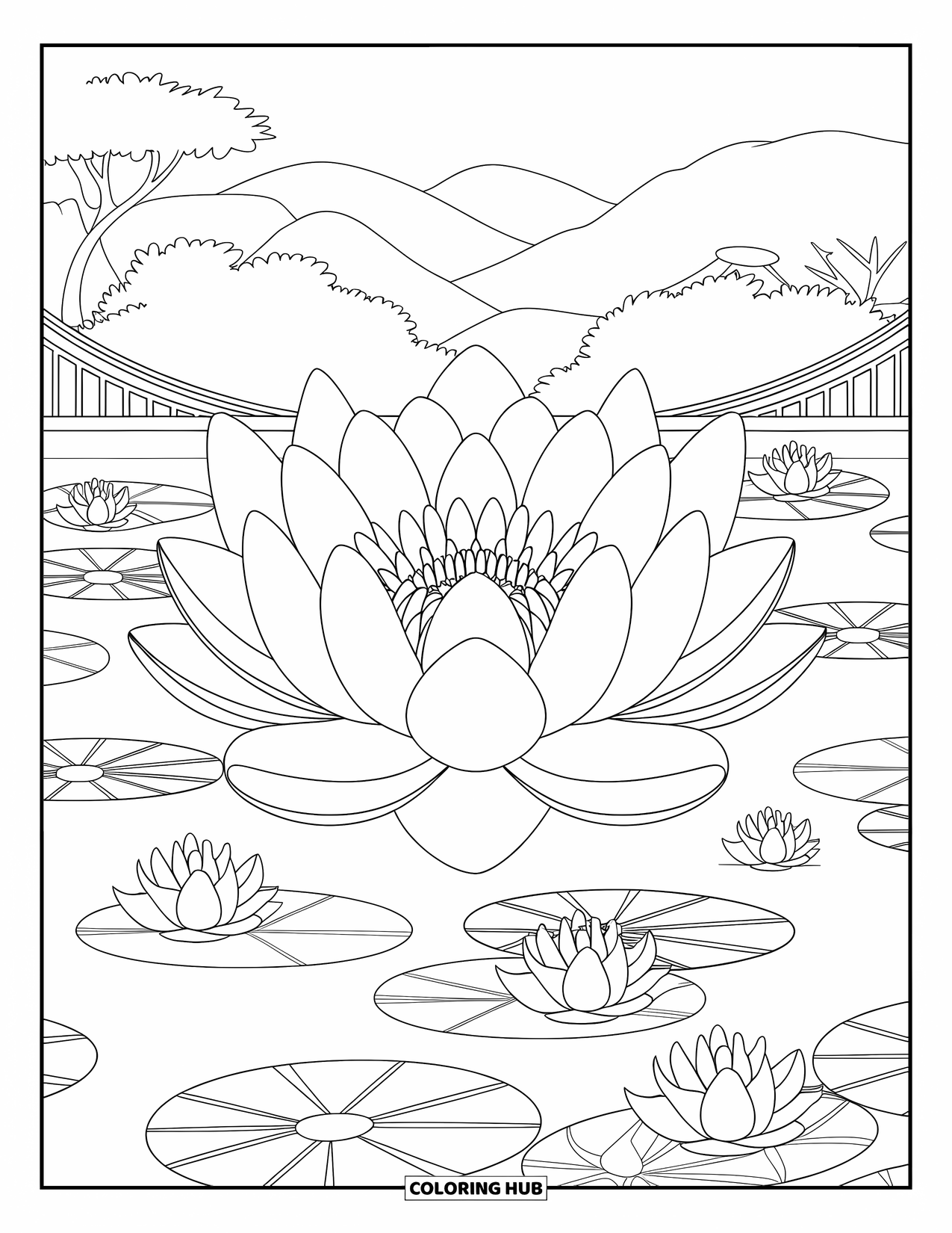 Zen Coloring Page for Kids: A large lotus flower floats calmly among lily pads