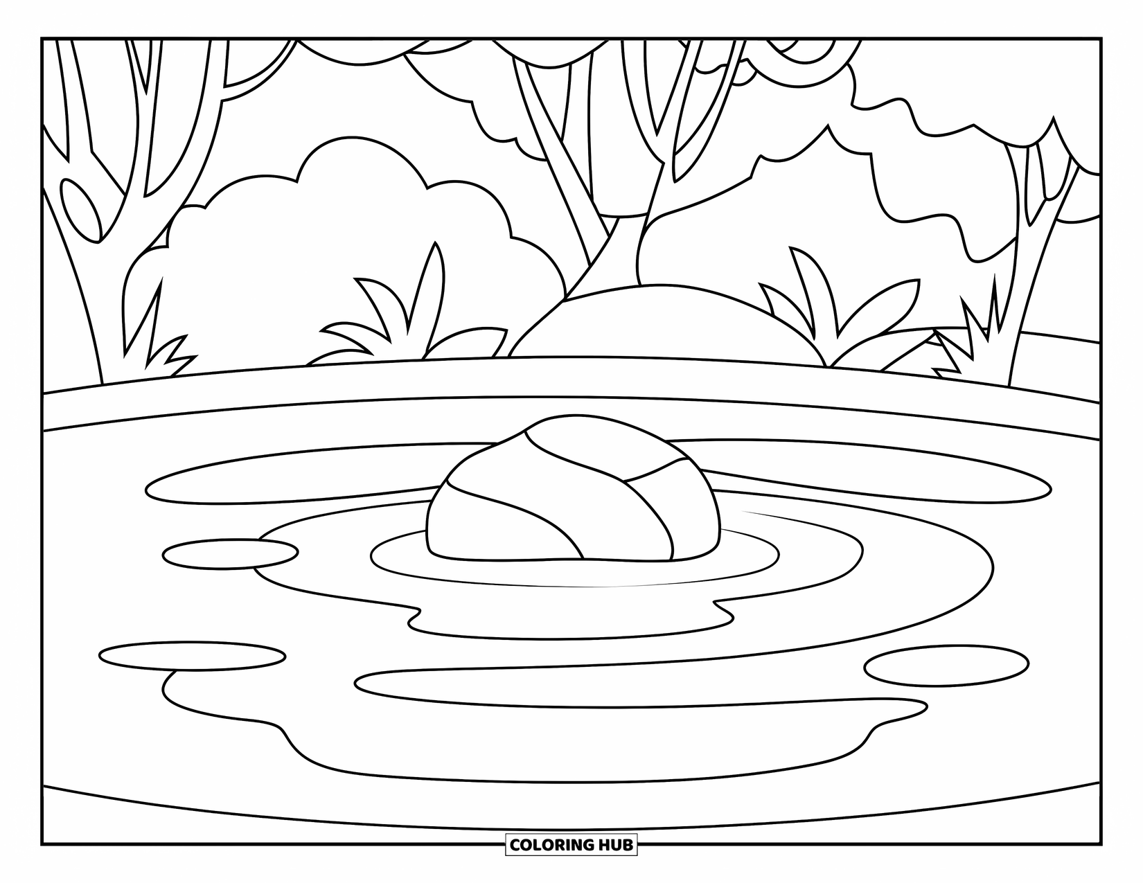 Zen Coloring Page for Kids: A large rock sits in a gentle pond with trees and playful ripples