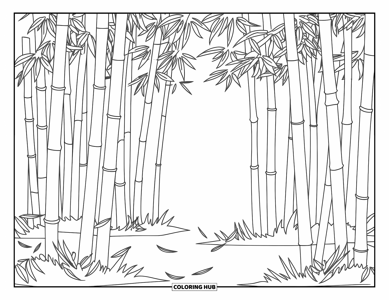 Zen Coloring Page for Kids: A peaceful bamboo grove with scattered leaves on the ground