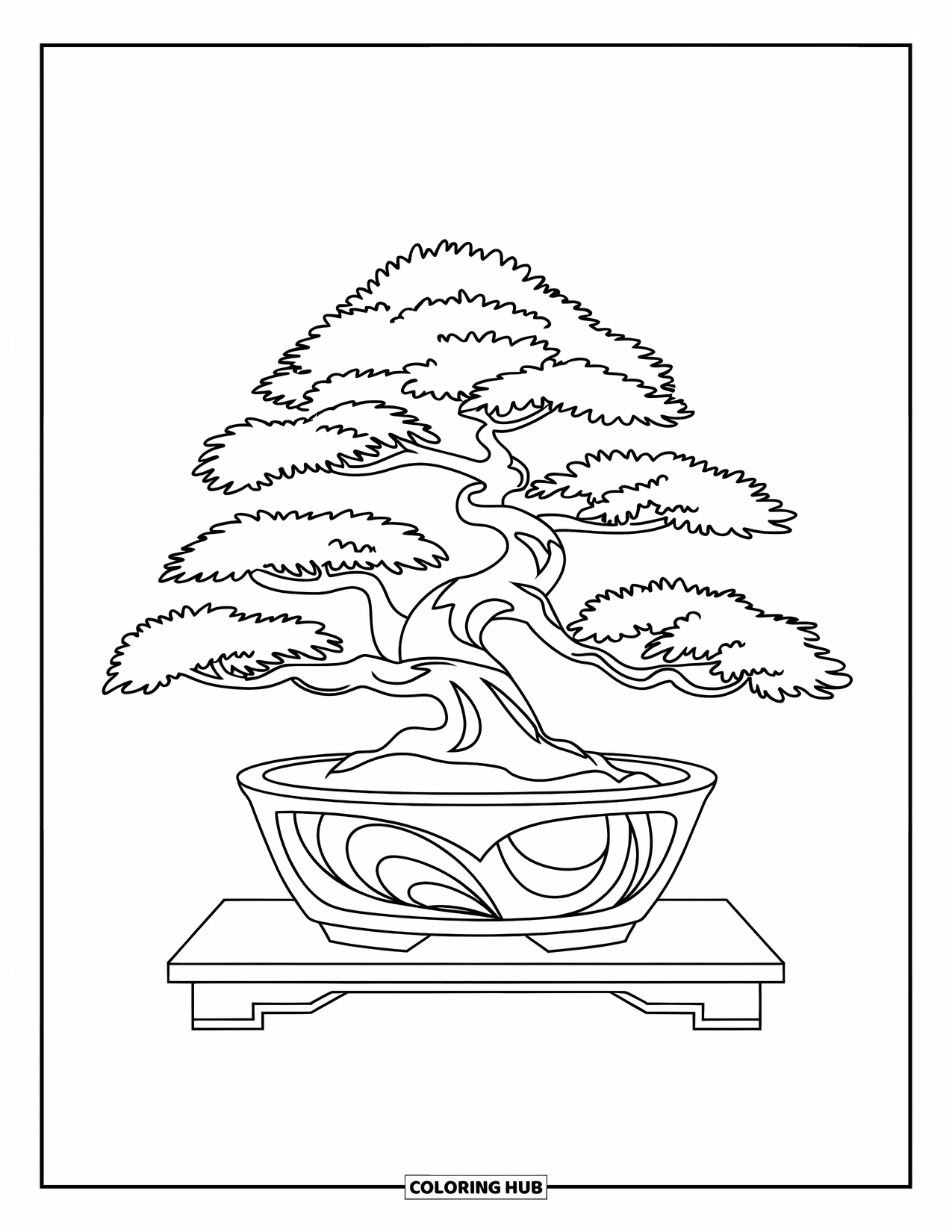 Zen Coloring Page for Kids: A twisting bonsai tree in a patterned pot