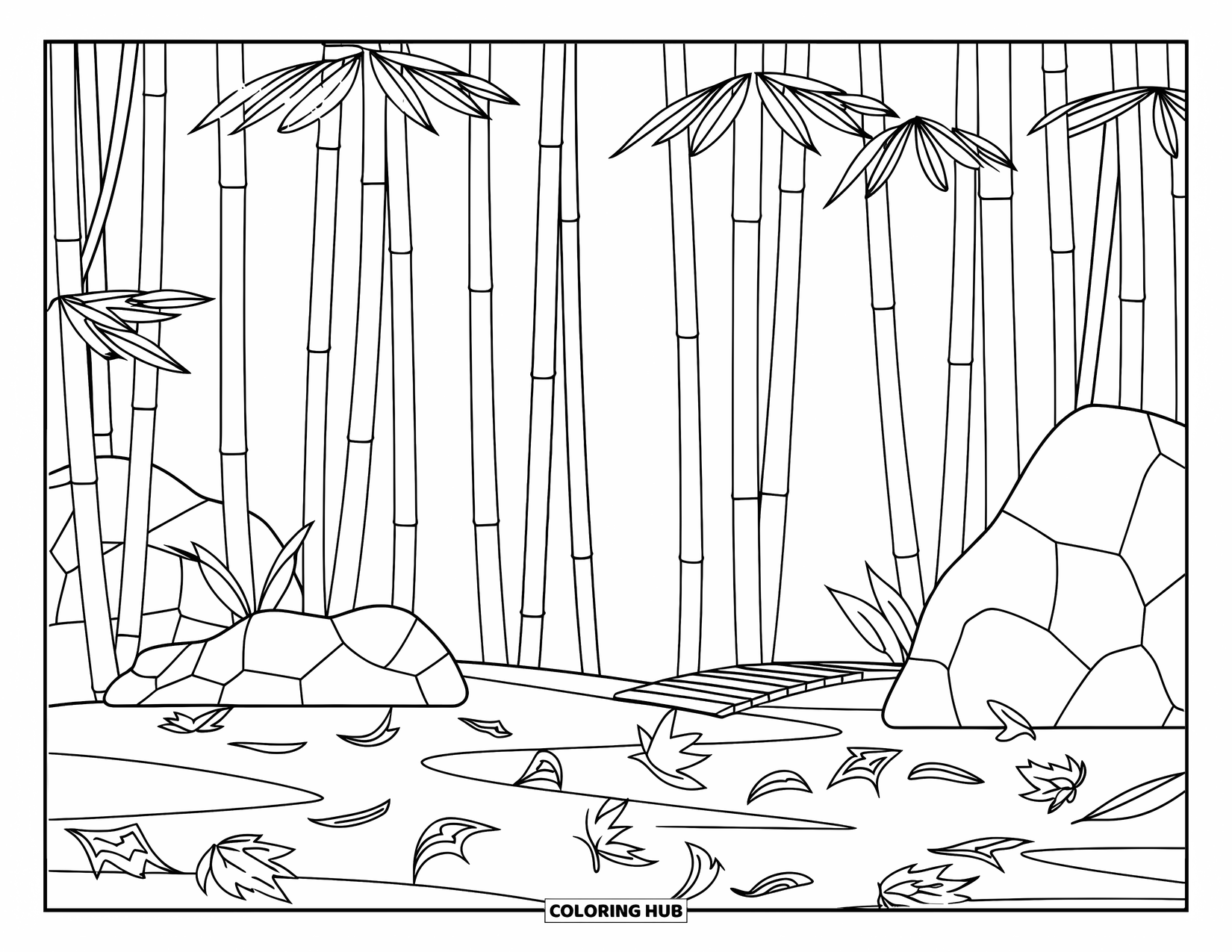 Zen Coloring Page for Kids: Bamboo grove with rocks, fallen leaves, and a wooden bridge