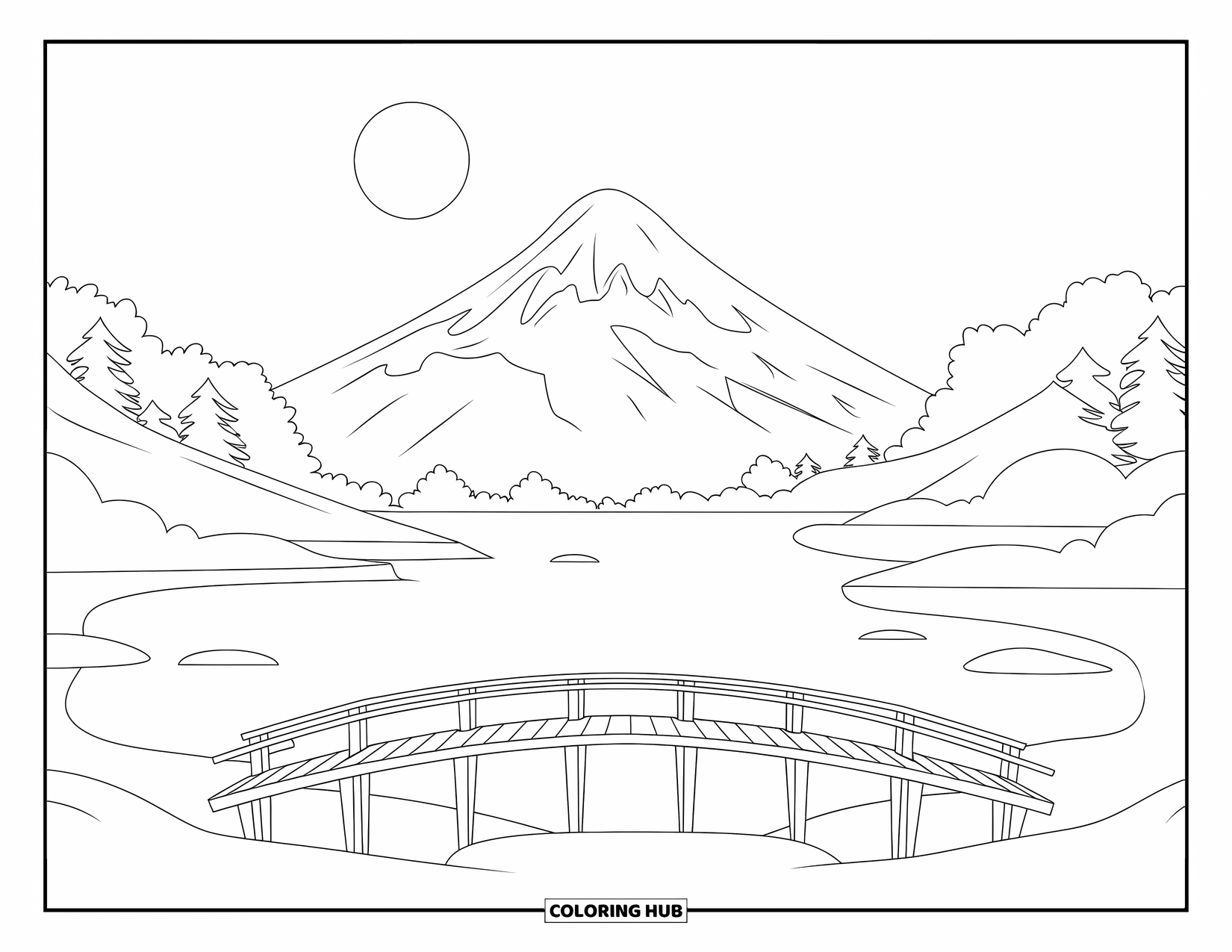 Zen Coloring Page for Kids: Bridge over a calm lake with a mountain and moon above