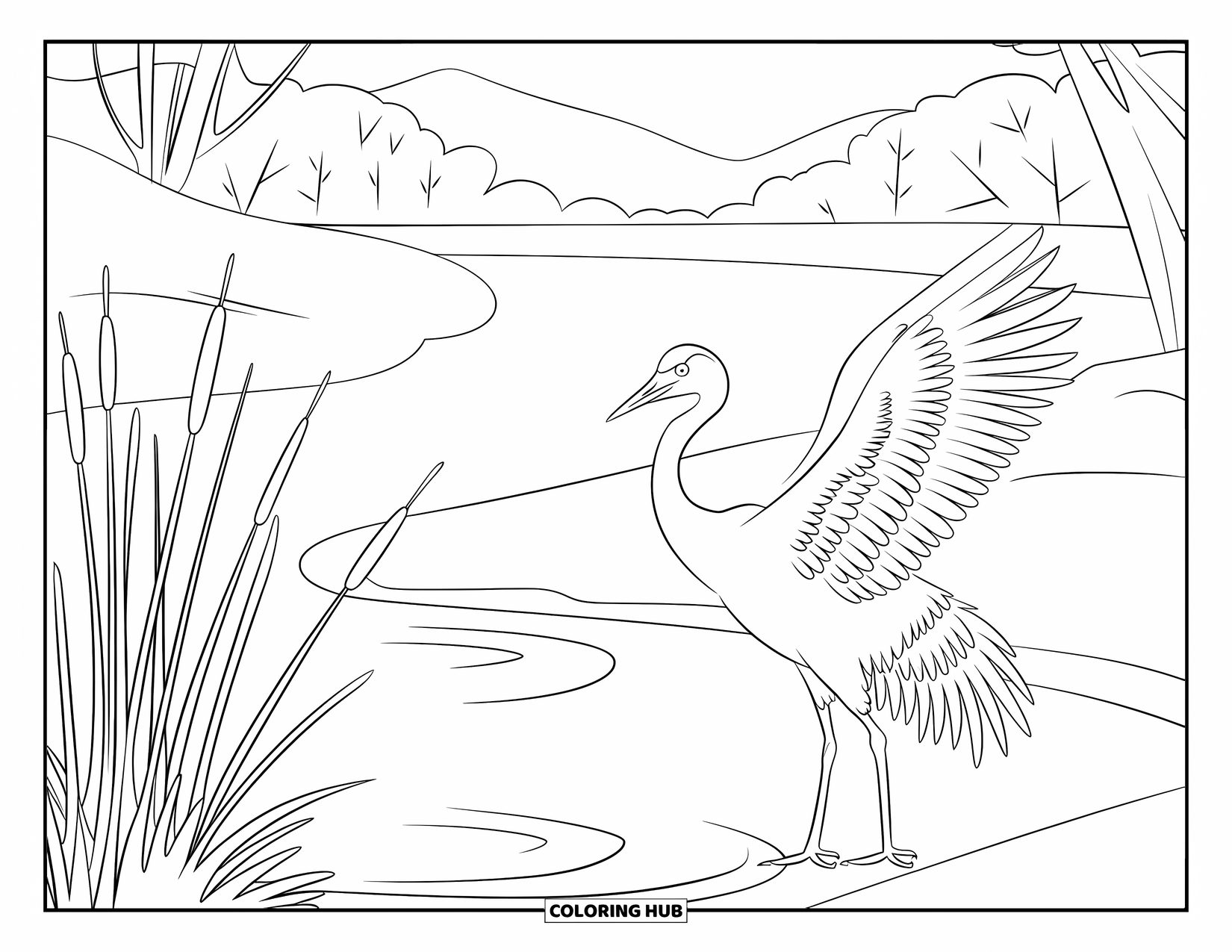 Zen Coloring Page for Kids: Crane stands by a calm pond with slender reeds and trees