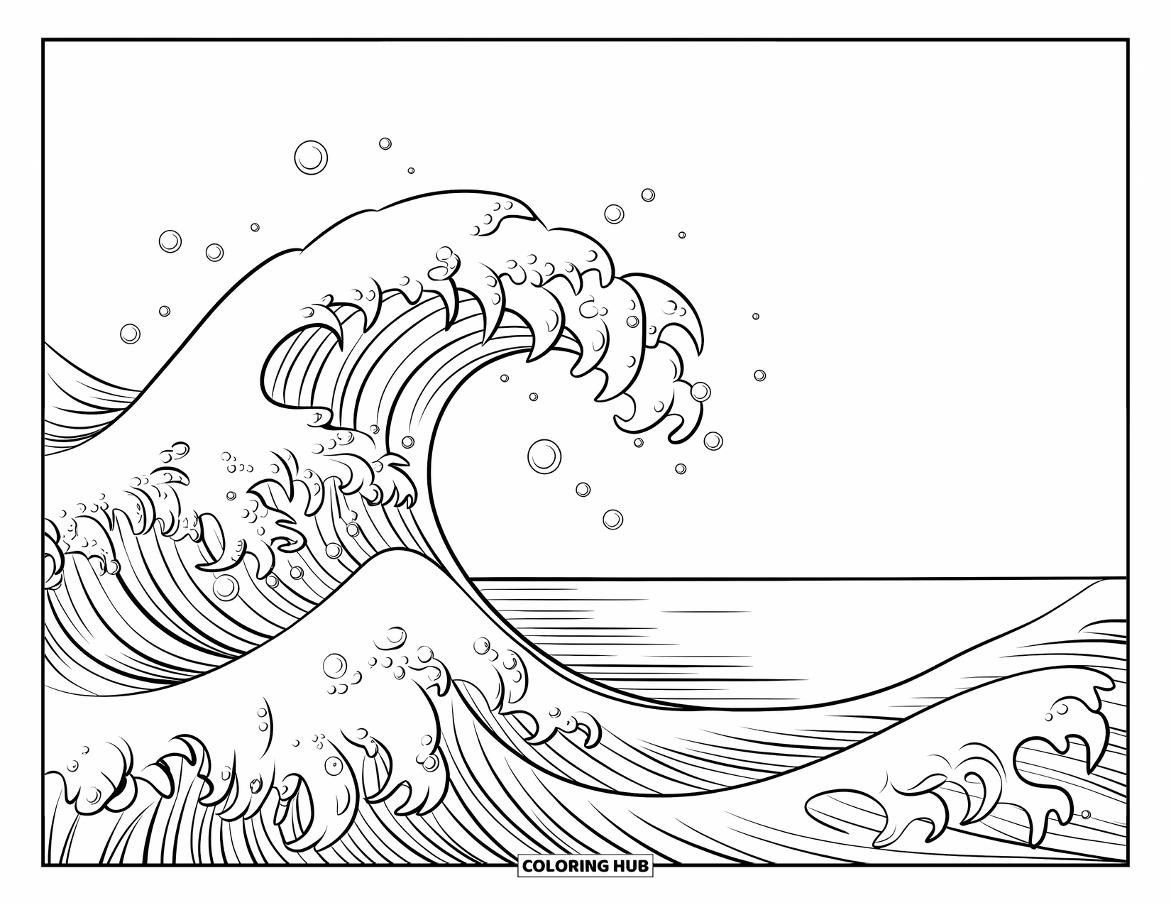 Zen Coloring Page for Kids: Gentle wave with swirling shapes and rising bubbles