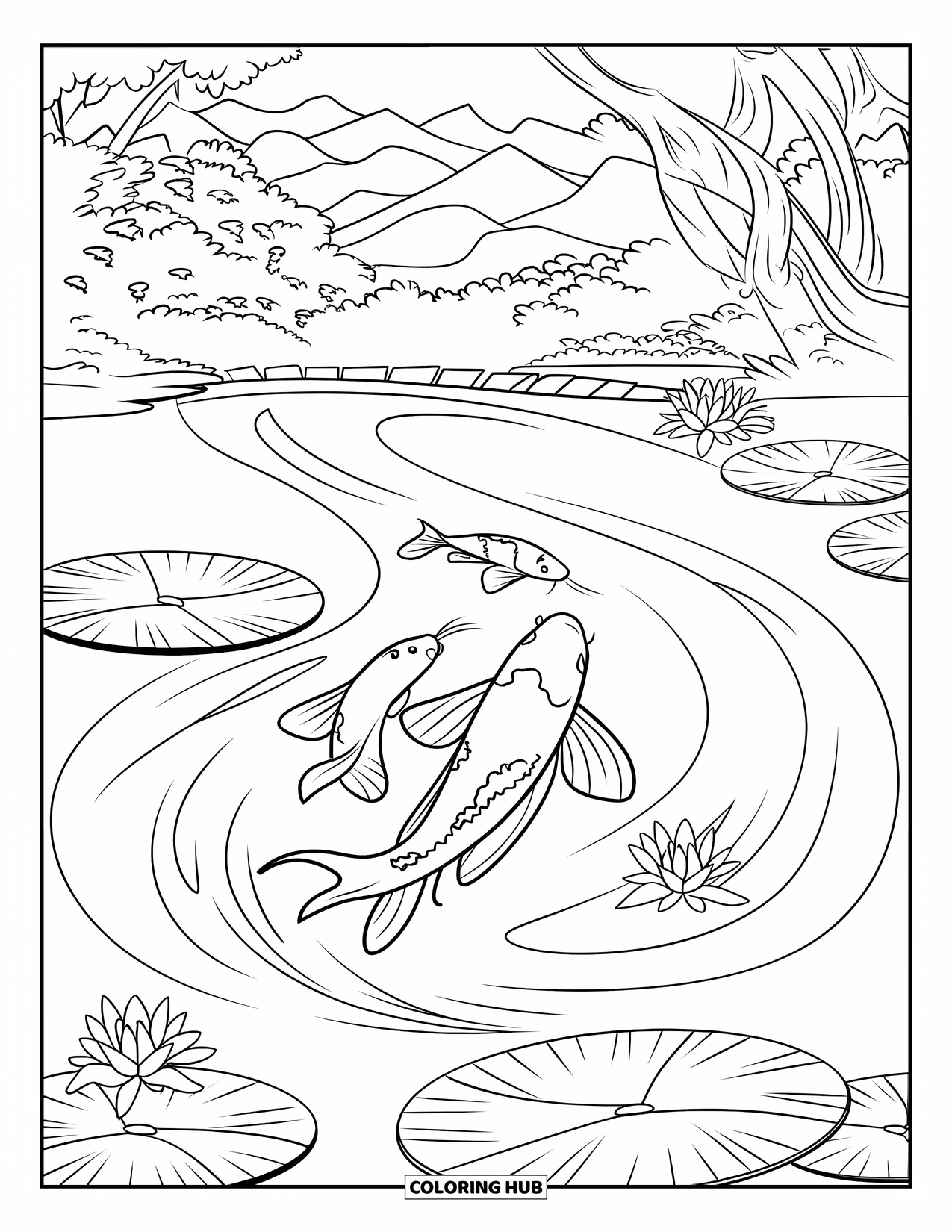 Zen Coloring Page for Kids: Koi fish glide near lily pads in a serene pond with a stone bridge