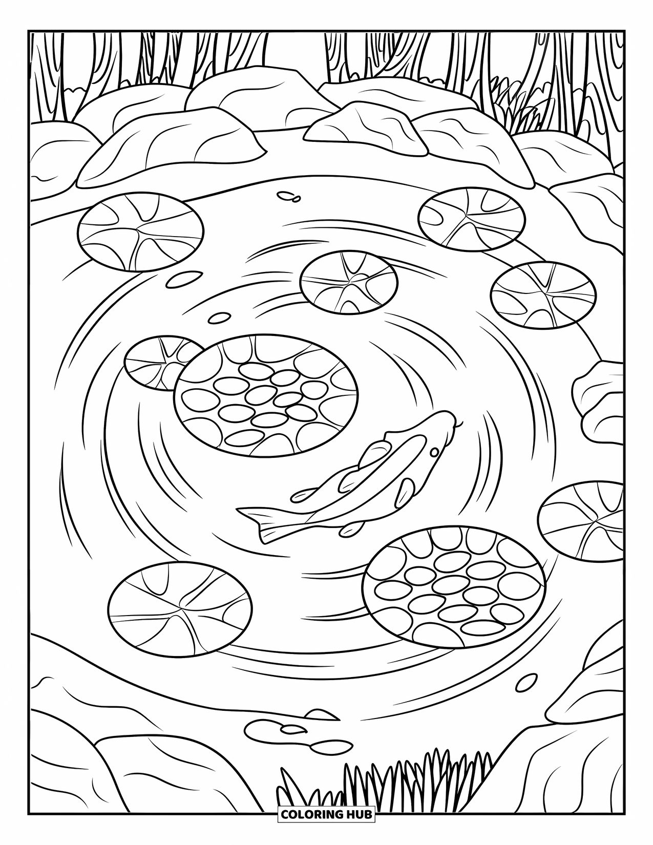 Zen Coloring Page for Kids: Koi fish swim in a peaceful pond with lily pads and gentle ripples