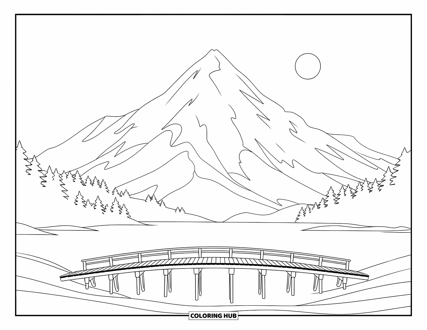 Zen Coloring Page for Kids: Mountain and lake scene with a wooden bridge under a full moon