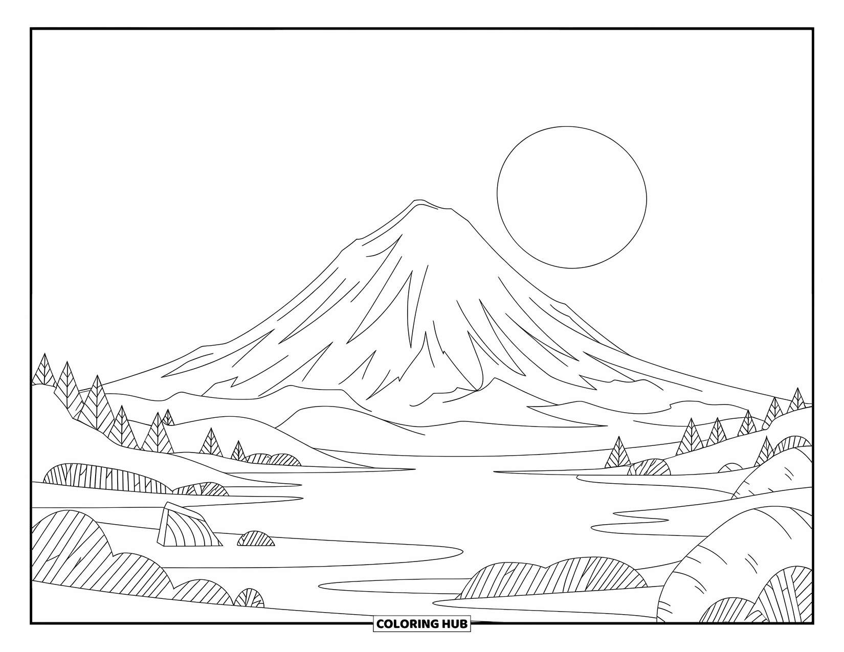 Zen Coloring Page for Kids: Mountain and lake with a bright moon and peaceful open landscape