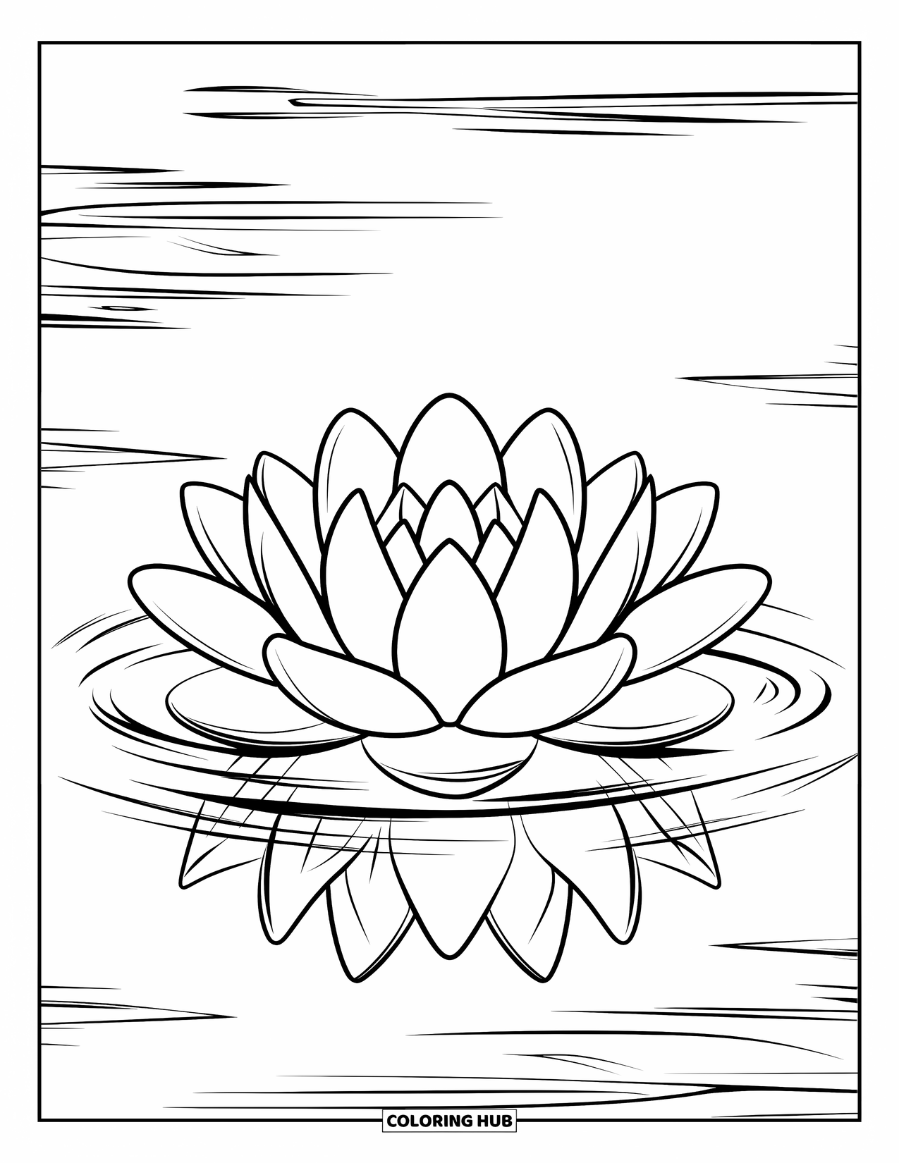 Zen Coloring Page for Kids: Simple lotus flower floats in still water with open white space