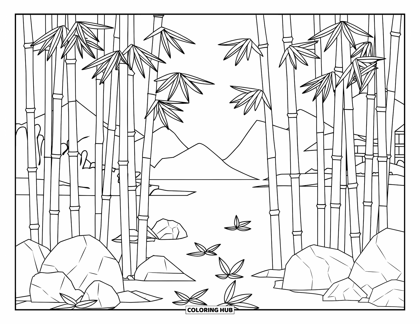 Zen Coloring Page for Kids: Tall bamboo with fallen leaves, mountains, and a calm lake view