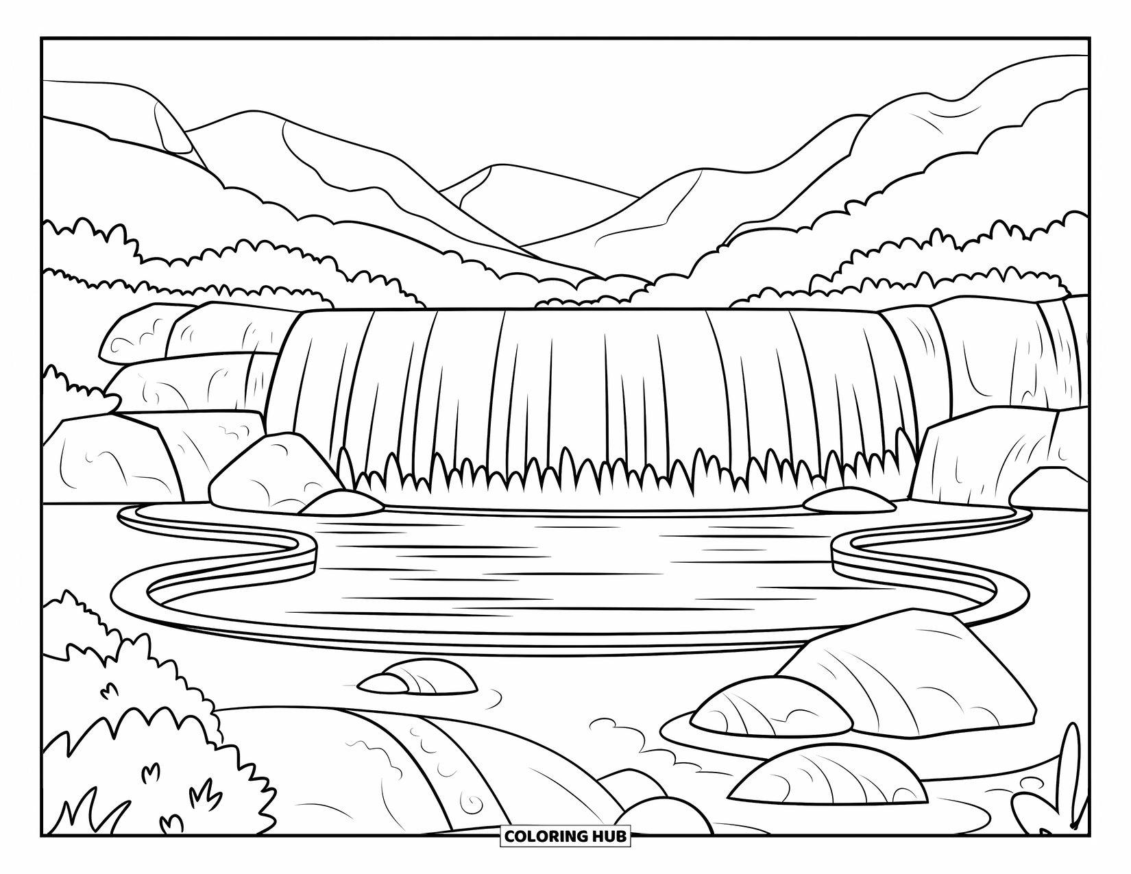 Zen Coloring Page for Kids: Tiered waterfall with rocks, greenery, and a calm pool