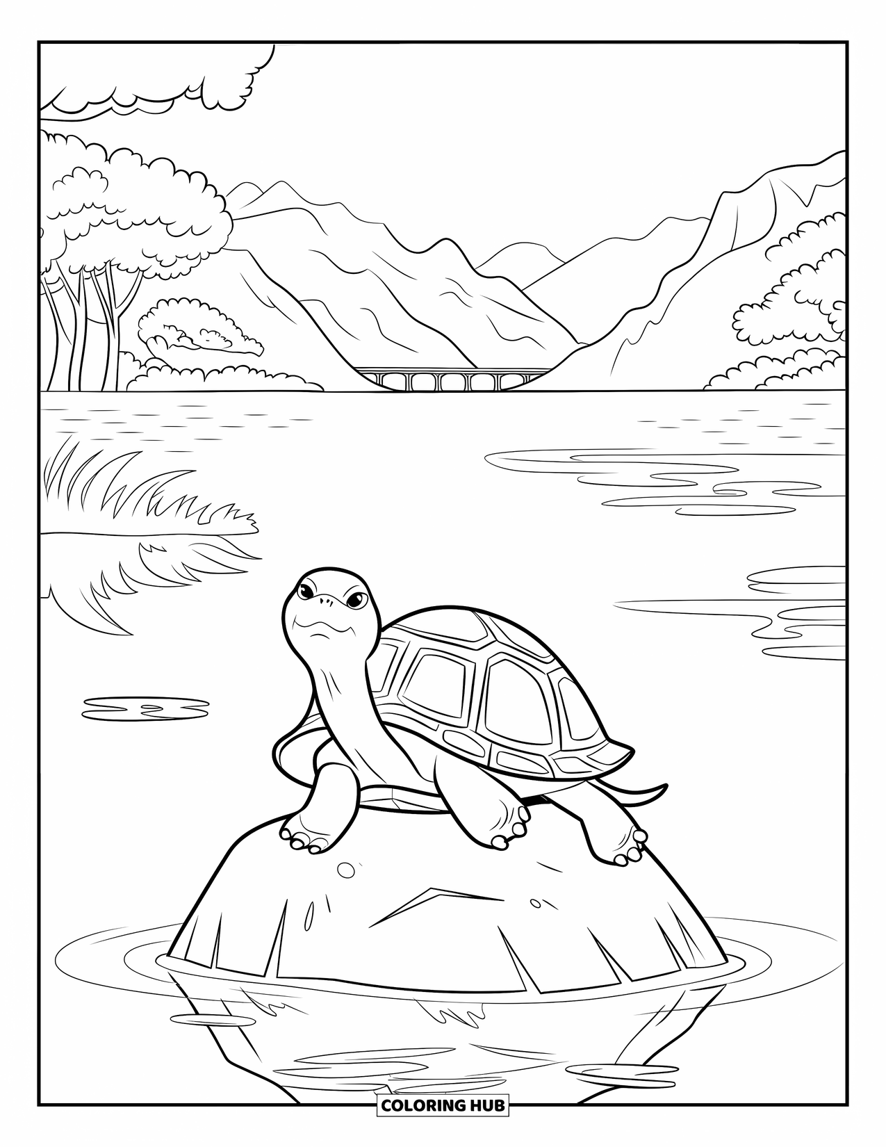 Zen Coloring Page for Kids: Turtle on a rock surrounded by still water and distant landscape