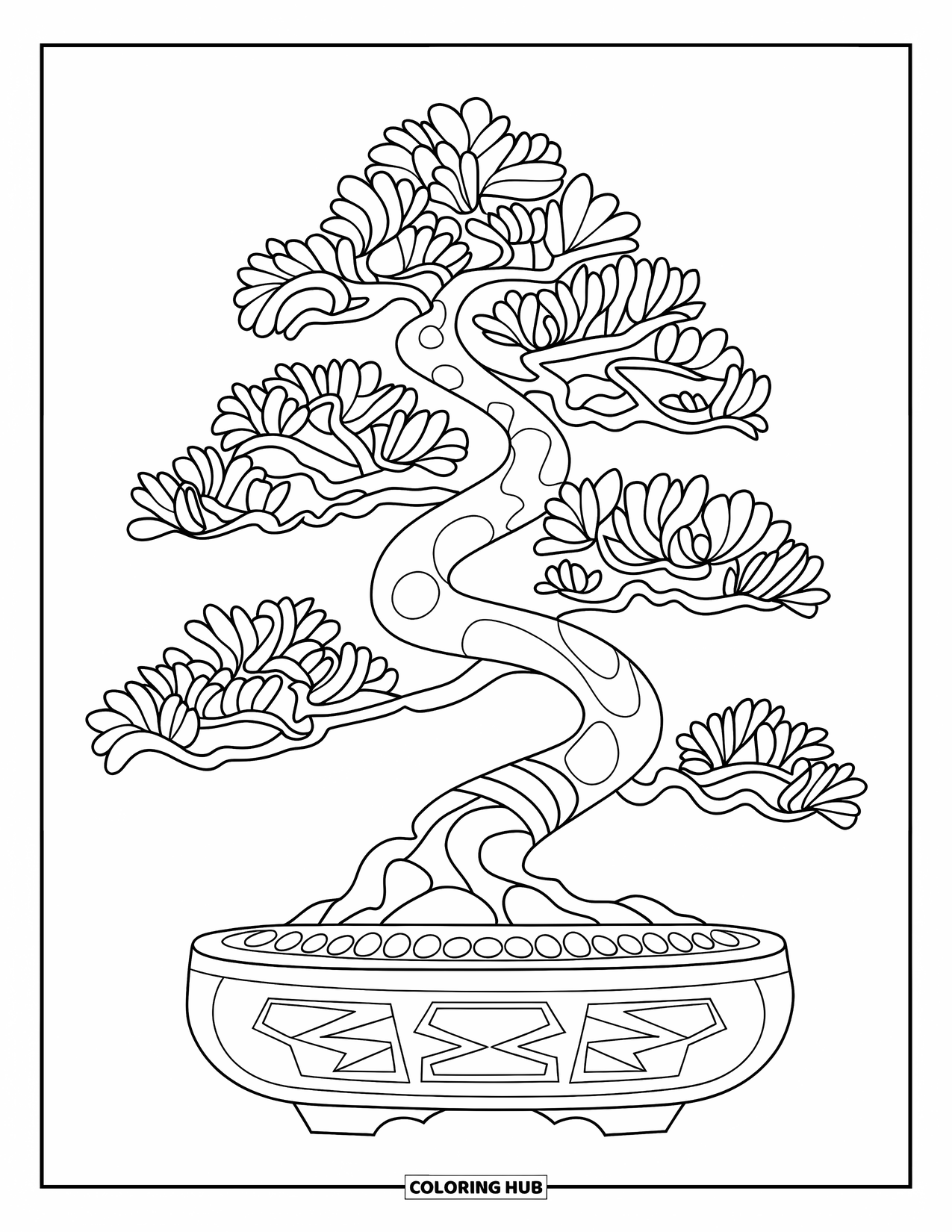 Zen Coloring Page for Kids: Twisting bonsai tree in a pot with geometric patterns