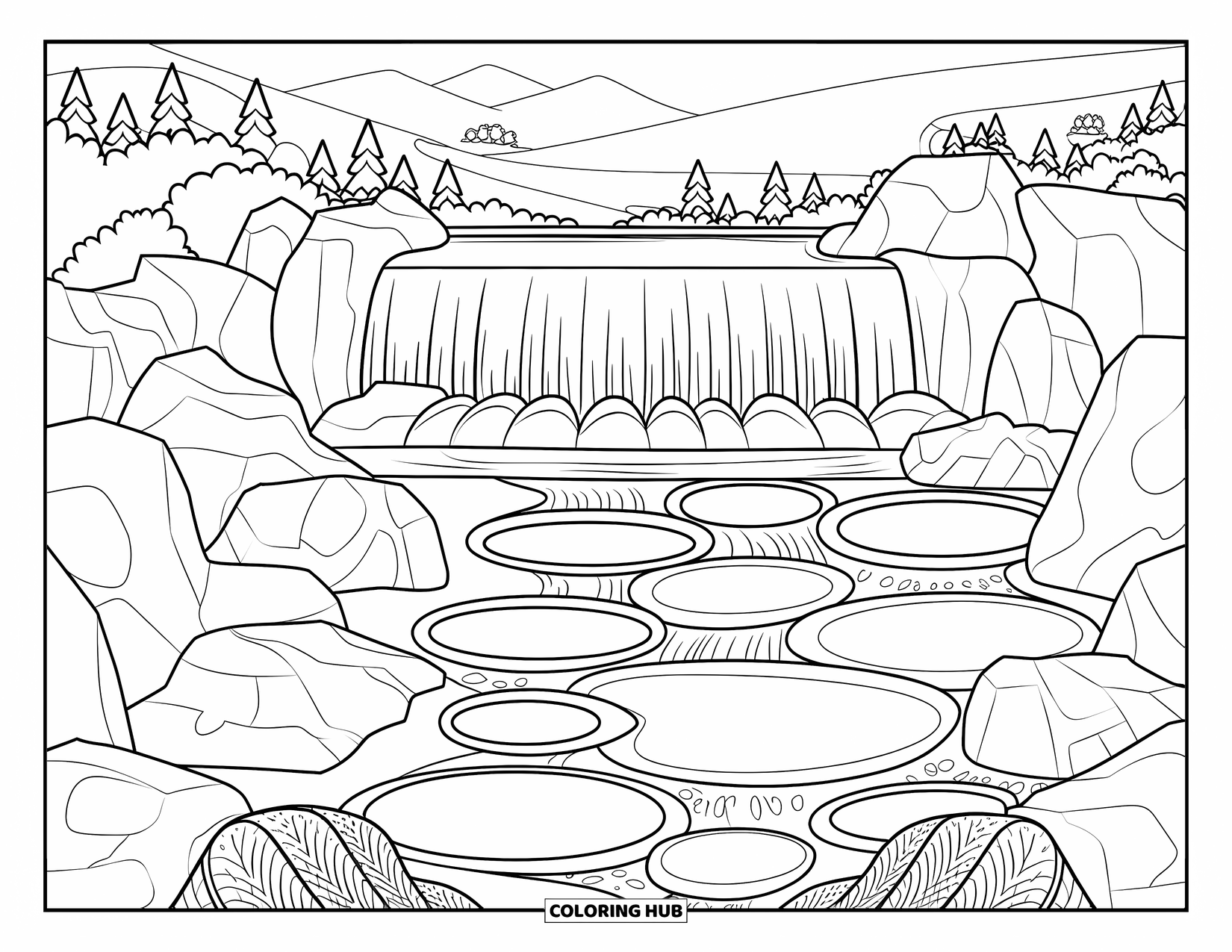 Zen Coloring Page for Kids: Waterfall steps into pools with rocks, trees, and small distant buildings